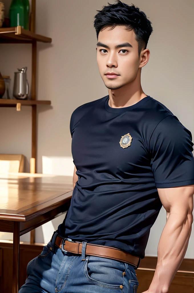 (Create a masterpiece:1.2),(CGI art:1.3),(realistic:1.5),(After processing:1.3),(Sharp focus:1.3),1 man ,(black hair) ,(Wear color navy round neck T-shirt), (with a Police badge:1.1),Navy blue jeans,Korean guy,korean men,(High gloss details),chest muscles,large arm muscles,blood vessel,Big muscles,Broad shoulders,looking at the audience,Balancing the eyes,(Lind has a dining table:1.3),