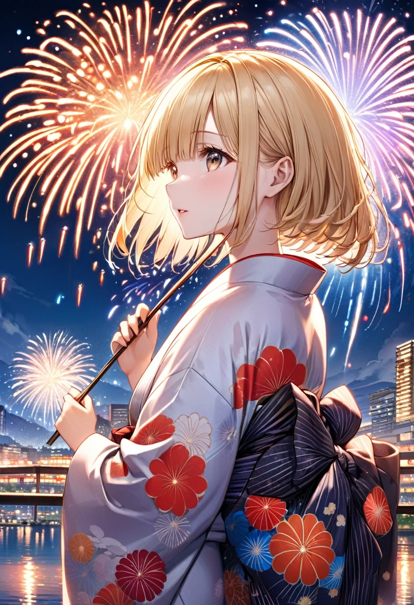 A blonde bob girl is wearing a yukata and watching the fireworks(Glittering yukata),She have a Japanese pouch,Please draw a beautiful and magnificent picture of the big fireworks at the fireworks display.masterpiece,best quality,ultra-detailed, illustration, detailed light,an extremely delicate and beautiful,dynamic