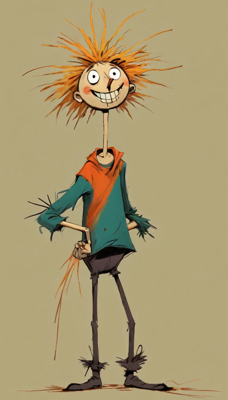 (((Exaggerated digital character sketches:1.37,Matchstick Men))).(1 Scarecrow,(Exaggerated expression,Exaggerated hairstyle),Messy hair),(Black sketch lines,Loose brushstrokes create the outline,Cartoon Style. Bright colors and simplified lines, sketch)。(Exaggerated body movements,Long legs),(Dichotomous composition)