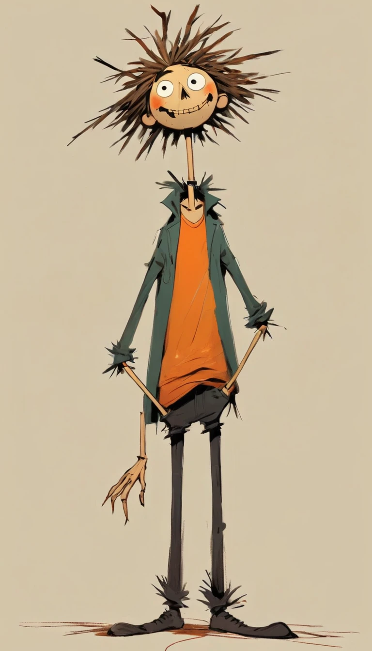 (((Exaggerated digital character sketches:1.37，Matchstick Men))).(1 Scarecrow，(Exaggerated expression,Exaggerated hairstyle)，Messy hair)，(Black sketch lines，Loose brushstrokes create the outline，Cartoon Style. Bright colors and simplified lines, sketch)。(Exaggerated body movements，Long legs),(Dichotomous composition）