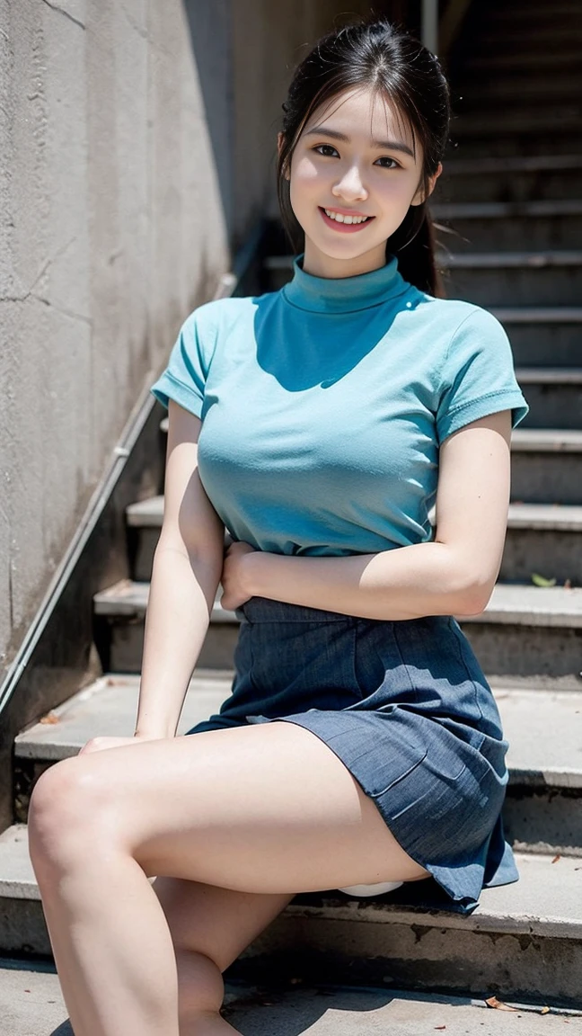 8K picture quality、high resolution、Realistic skin texture、high resolutionの瞳、Miss、Miss in the summer forest、Sleeveless knitted shirt、Short pleated skirt,Thin legs、sports shoes,Princess hairstyle、Thin、From below,From the front,Middle-parted bangs,quantities,Black Hair,Long hair,iris,beauty's eyes,Smile,、Radiant Skin,Glowing skin,Climb stairs,Fire escape routes in buildings,Beautiful leg line beauty,Attractive thighs,Full of sexiness,sensuous,Carefree Smile,Heal the mind,Low Ponytail,beauty,Long Neck,Smile,Large Breasts、(a charming smile:1.2), Brown hair、Large target、Sweat accumulates on the chest、Comb your hair up