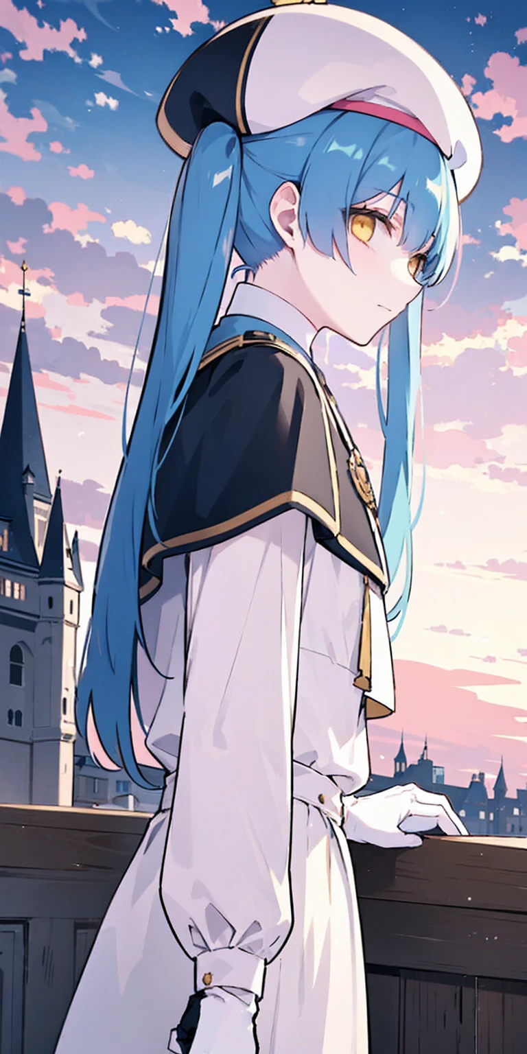 masterpiece, best quality, beret, pink capelet, pink tunic, white pants, brown gloves, upper body, sunset, gothic architecture, castle, clouds, looking at viewer, from side, shy, long hair, blue hair, yellow eyes, (twintails:1.1)