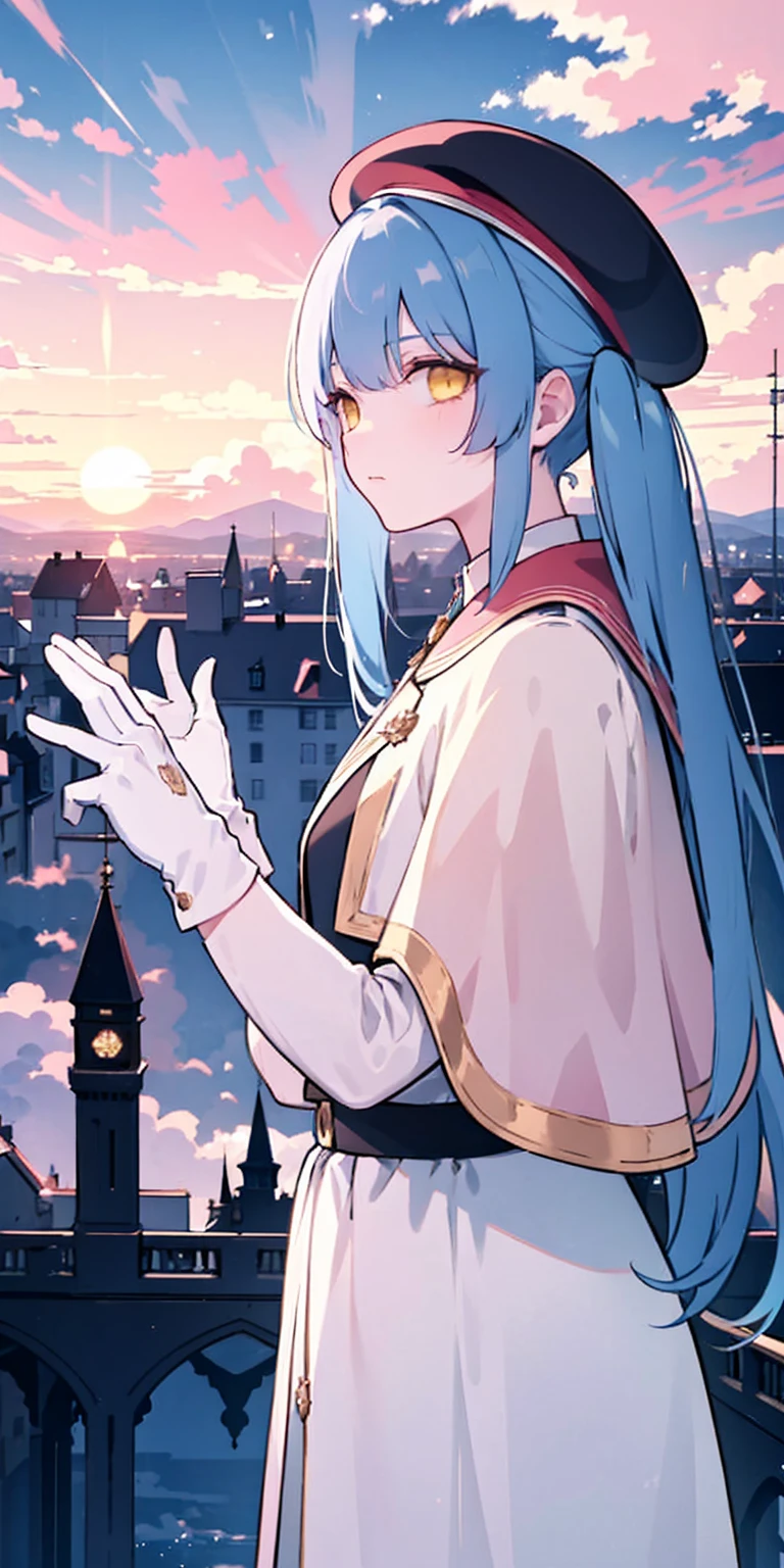 masterpiece, best quality, beret, pink capelet, pink tunic, white pants, brown gloves, upper body, sunset, gothic architecture, castle, clouds, looking at viewer, from side, shy, long hair, blue hair, yellow eyes, (twintails:1.1)