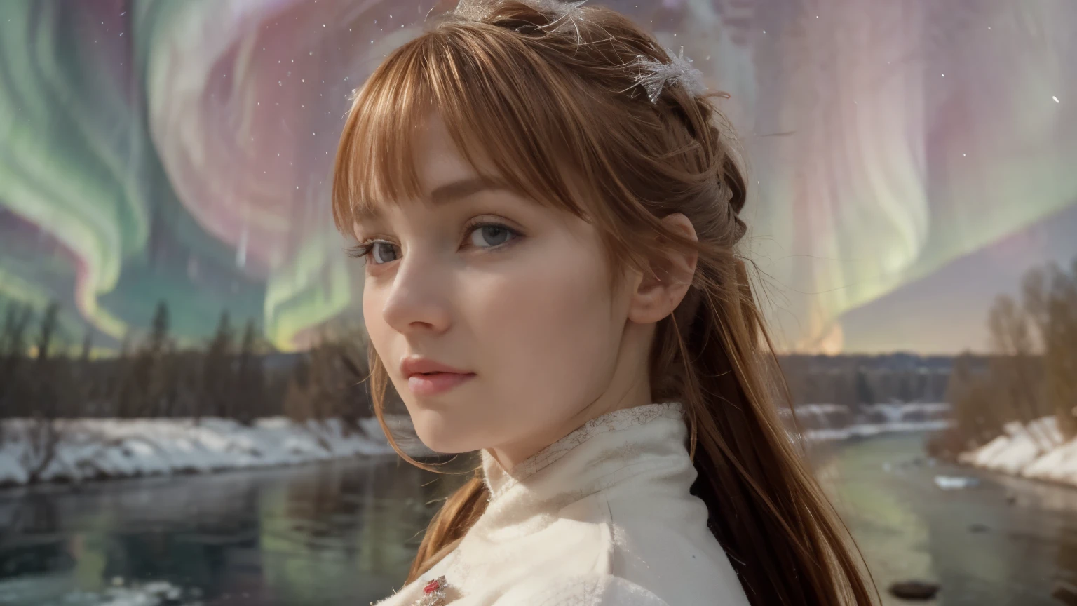 Henessy, original, (masterpiece), (extremely fine and beautiful), (perfect details), (unity CG 8K wallpaper:1.05), (frozen river , Northern Lights, background:1.25), (depth of field:0.7),1girl, red head, russian young women 18 years old, long white dress, hair blowing with the wind:1.1), snowflakes falling, closeup of face, (moon light:0.6), night (winter), (night:1.2), (upper body), big eyelashes, red iris, better hands