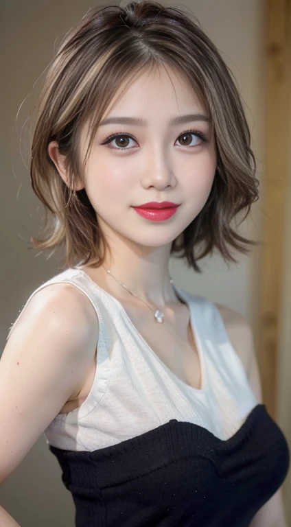 blush a little and smile, (Top quality masterpiece:1.2) Delicate illustrations, Very detailed, /Beautiful Japanese Women、1 person,Very cute and slim、Great style 、((8k images、super high quality))、Very delicate face, Big Breasts、Skin and Hair、beautifule forehead、Red lipstick、(((((short hair、Blonde、lure))))),Very cute Japanese cut face、Eyes and nose are clearly visible、Kind eyes,((((Black sleeveless fashion))))