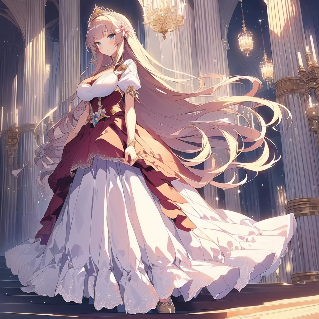 ((Anime cute art style)),(((digital))),Noble atmosphere,(masterpiece), (best quality), (Super detailed),illustration,(Very delicate and beautiful),Dynamic angle,looking at the audience,(((solitary))),((whole body)),(((1 Gorgeous and noble princess in wide skirt))),jewel eye,(Very long hair),Gorgeous embroidery and lace,transparent,gorgeous ruffles,(Huge breasts,Long Breasts),(Gorgeous ball gown with loose skirt),