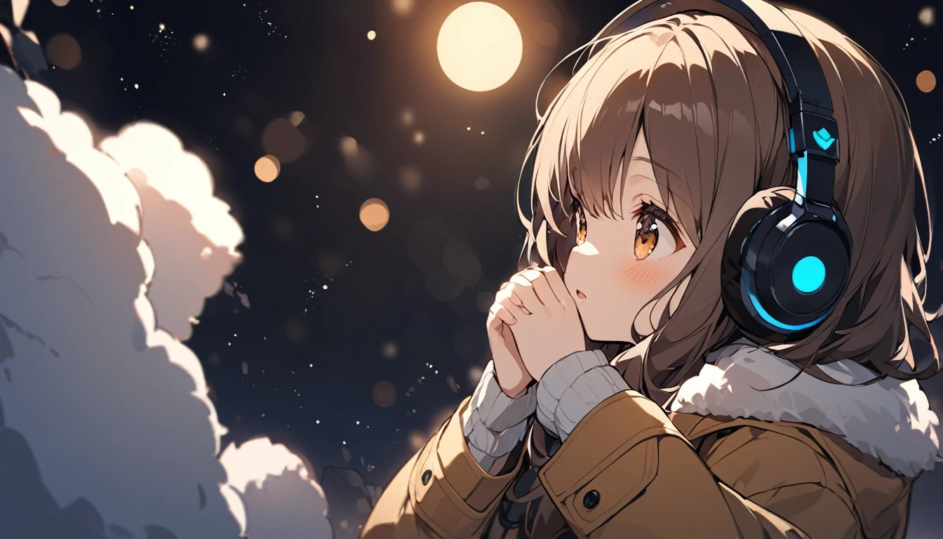 Girl wearing headphones。Brown Hair,1 person。bright。Looking up at the winter night sky、A girl wearing a coat and rubbing her hands together while wearing headphones。