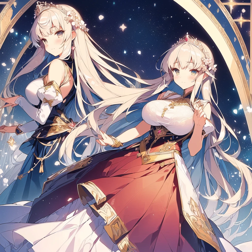 ((Anime cute art style)),(((digital))),Noble atmosphere,(masterpiece), (best quality), (Super detailed),illustration,(Very delicate and beautiful),Dynamic angle,looking at the audience,(((solitary))),((whole body)),(((1 Gorgeous and noble princess in wide skirt))),jewel eye,(Very long hair),Gorgeous embroidery and lace,transparent,gorgeous ruffles,(Huge breasts,Long Breasts),(Gorgeous ball gown with loose skirt),