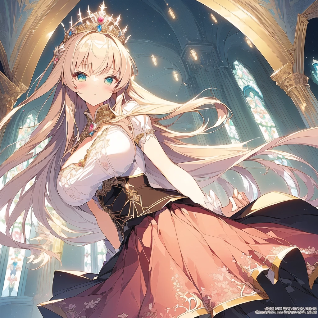 ((Anime cute art style)),(((digital))),Noble atmosphere,(masterpiece), (best quality), (Super detailed),illustration,(Very delicate and beautiful),Dynamic angle,looking at the audience,(((solitary))),((whole body)),(((1 Gorgeous and noble princess in wide skirt))),jewel eye,(Very long hair),Gorgeous embroidery and lace,transparent,gorgeous ruffles,(Huge breasts,Long Breasts),(Gorgeous ball gown with loose skirt),