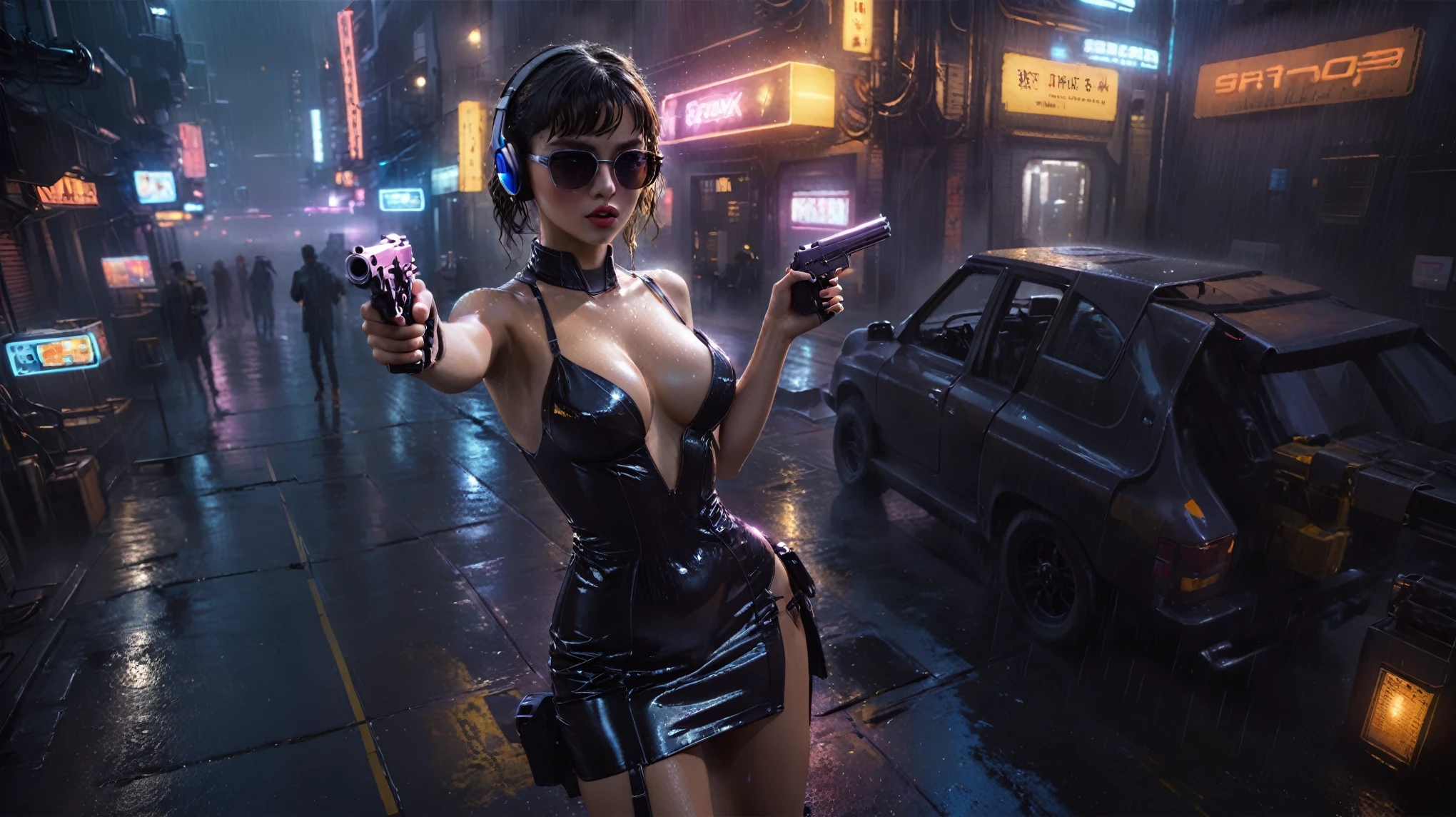 (((aerial view))), (flying cars docking platform), Blade Runner style futuristic city alley, neon lights, rainy night. (1girl, solo, alone), large-breast:1.2 slim body, cleavage:1.1, sexy wind blowing wet dress:1.4, headphone, (black sunglasses), (((she raised a pistol:1.8 and shot:1.8 the viewer))), dynamic pose, (((half-body thigh level medium shot))), cinematic lighting, lens flare, ray tracing, blurred:1.4 background.