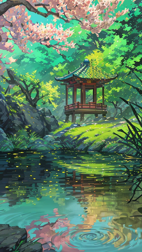 Chinese ancient times, spring, jungle, lake, cave, waterfall, tree, meadow, rock, deer, hot spring, petal, water vapor, (illustration: 1.0), epic composition, realistic lighting, HD detail, masterpiece, best quality, (very detailed CG unified 8k wallpaper)