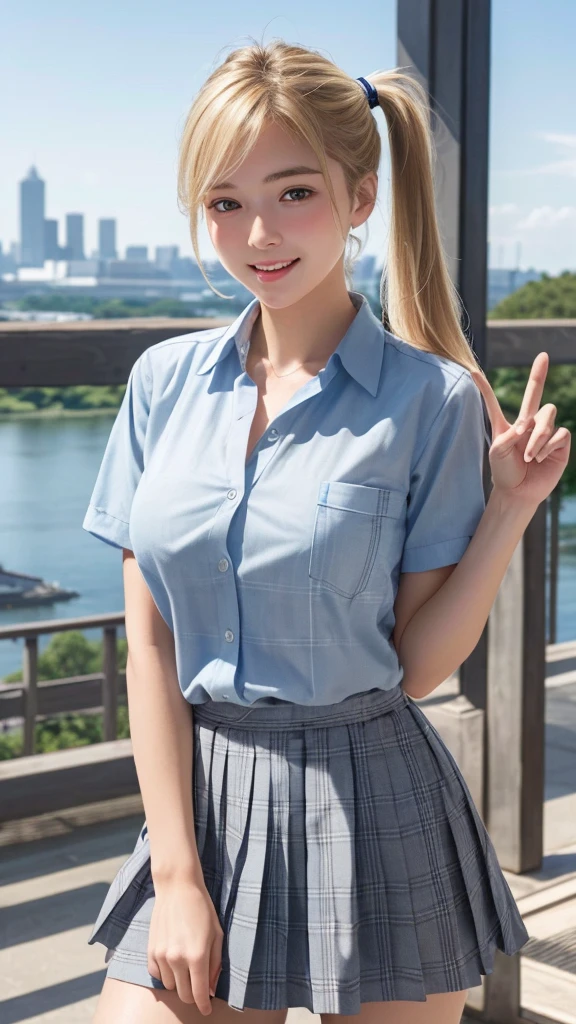(masterpiece:1.3, Highest quality, Ultra-high resolution, Very detailed), (Realistic:1.1, photoRealistic:1.4), Beautiful illustrations, Perfect lighting, colorful, Written boundary depth, Beautiful detailsまでこだわった髪, Beautifully detailed face, Beautiful details, Beautiful clavicle, Beautiful body, Beautiful breasts, Beautiful thighs, Beautiful legs, Beautiful fingers, View your audience, 1 girl, Japanese, high school girl, Perfect Face, (Perfect Anatomy, Anatomically correct), Cute and symmetrical face, Baby Face, Sunburn, Glowing Skin, (Mid-length hair:1.5, Twin tails:1.2, blonde), Asymmetrical bangs, blue eyes, Long eyelashes, (Mid-chest), thin, ((Collared short-sleeved shirt, Light blue shirt, , Grey plaid pleated skirt, To the Navy)), No pants, (Beautiful views), evening, (Outdoor, distant cityscape), Are standing, (peace sign), (Cute Smile, 鬠红、Upward glance, Open your mouth), (Open Girl&#39;Cat:1.3), hour々squat:1.2,Put your finger in your pussy:1.5,