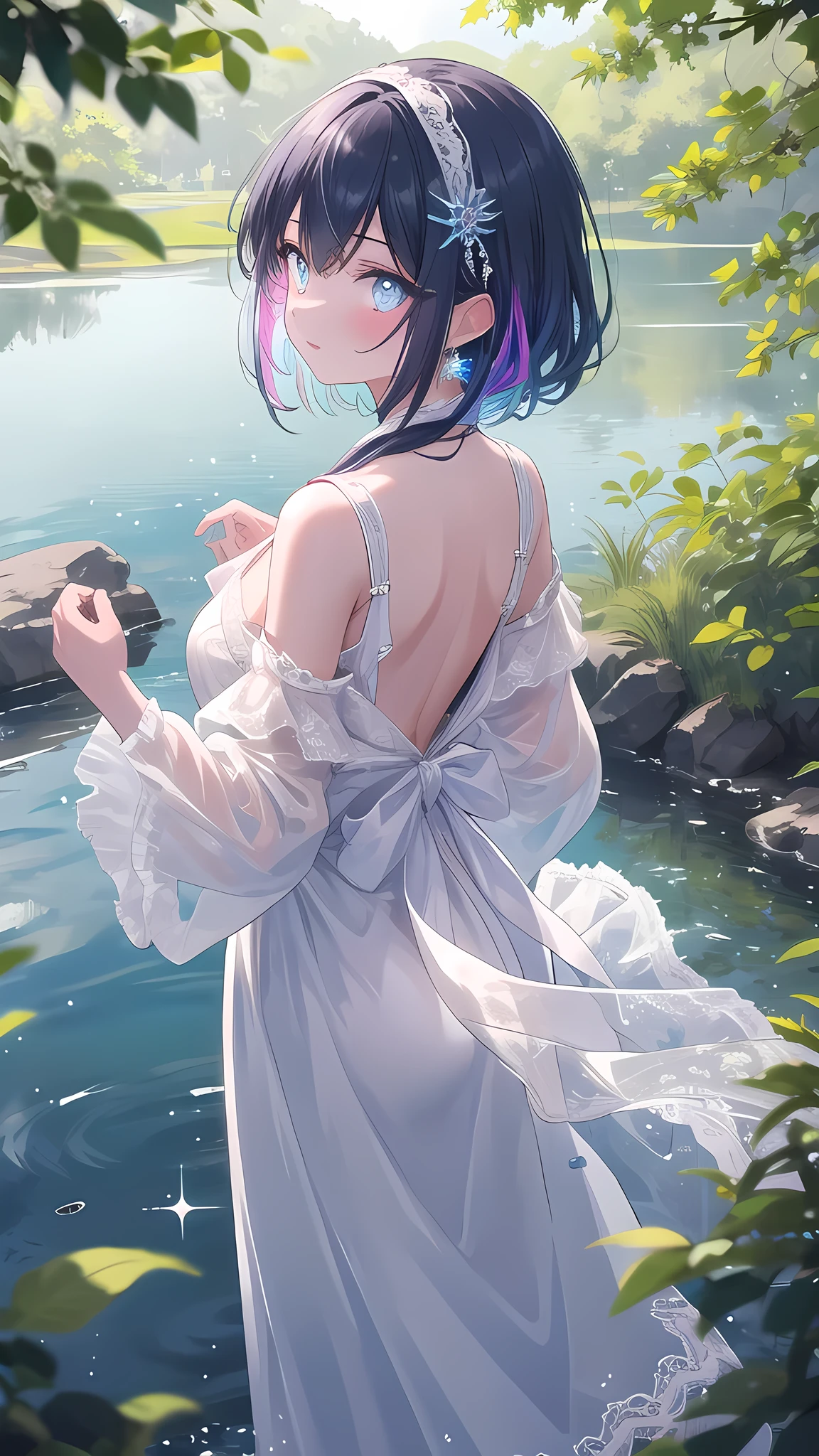 (8k, best quality, master piece: 1.2),super high resolution,1 girl, solo, ((colorshift eyes, hyperdetailed, expressive eyes)), ultra-detailed face, random hair, random color, Ecstatic expression, Back view, Standing by a quiet lake in the woods、Girl gazing at the lake。Her shadow is reflected on the lake。Elegant long dress、Large lace train at back、Sparkly hair accessories。