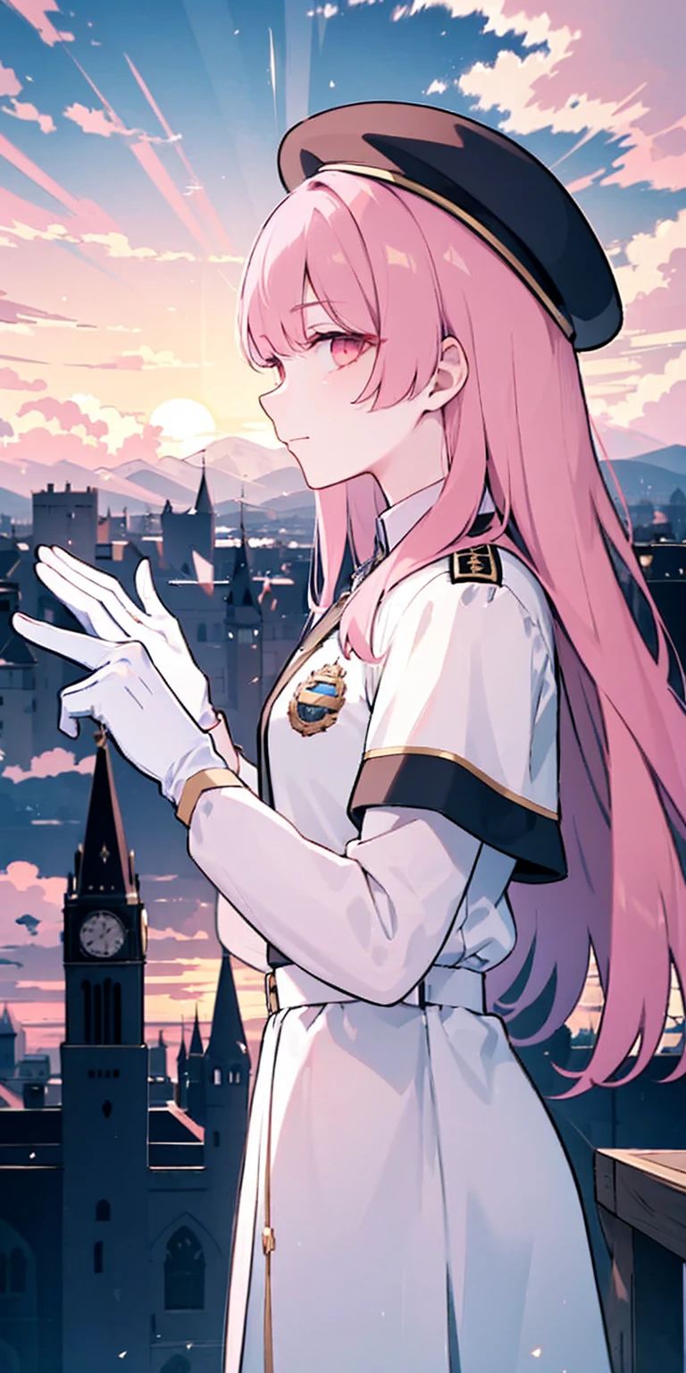 masterpiece, best quality, beret, pink capelet, pink tunic, white pants, brown gloves, upper body, sunset, gothic architecture, castle, clouds, looking at viewer, from side, shy,dark blue suit, skirt, shirt, badge on the chest