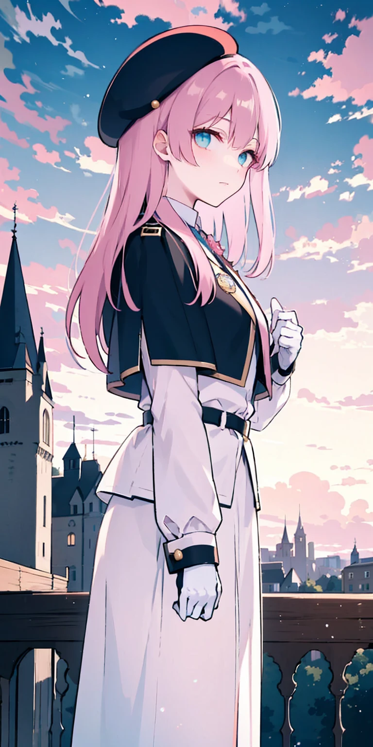 masterpiece, best quality, beret, pink capelet, pink tunic, white pants, brown gloves, upper body, sunset, gothic architecture, castle, clouds, looking at viewer, from side, shy,dark blue suit, skirt, shirt, badge on the chest