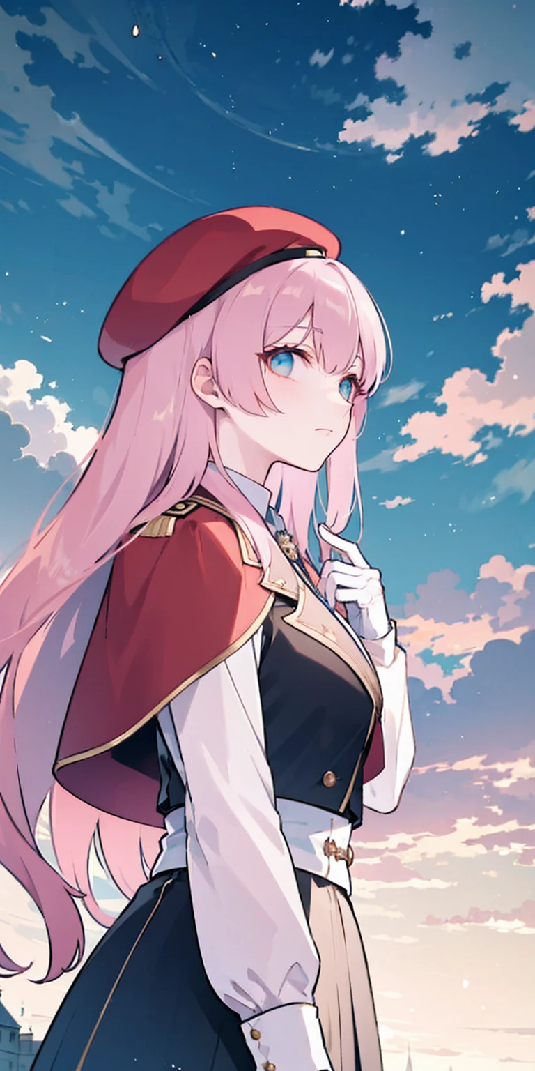 masterpiece, best quality, beret, pink capelet, pink tunic, white pants, brown gloves, upper body, sunset, gothic architecture, castle, clouds, looking at viewer, from side, shy,dark blue suit, skirt, shirt, badge on the chest