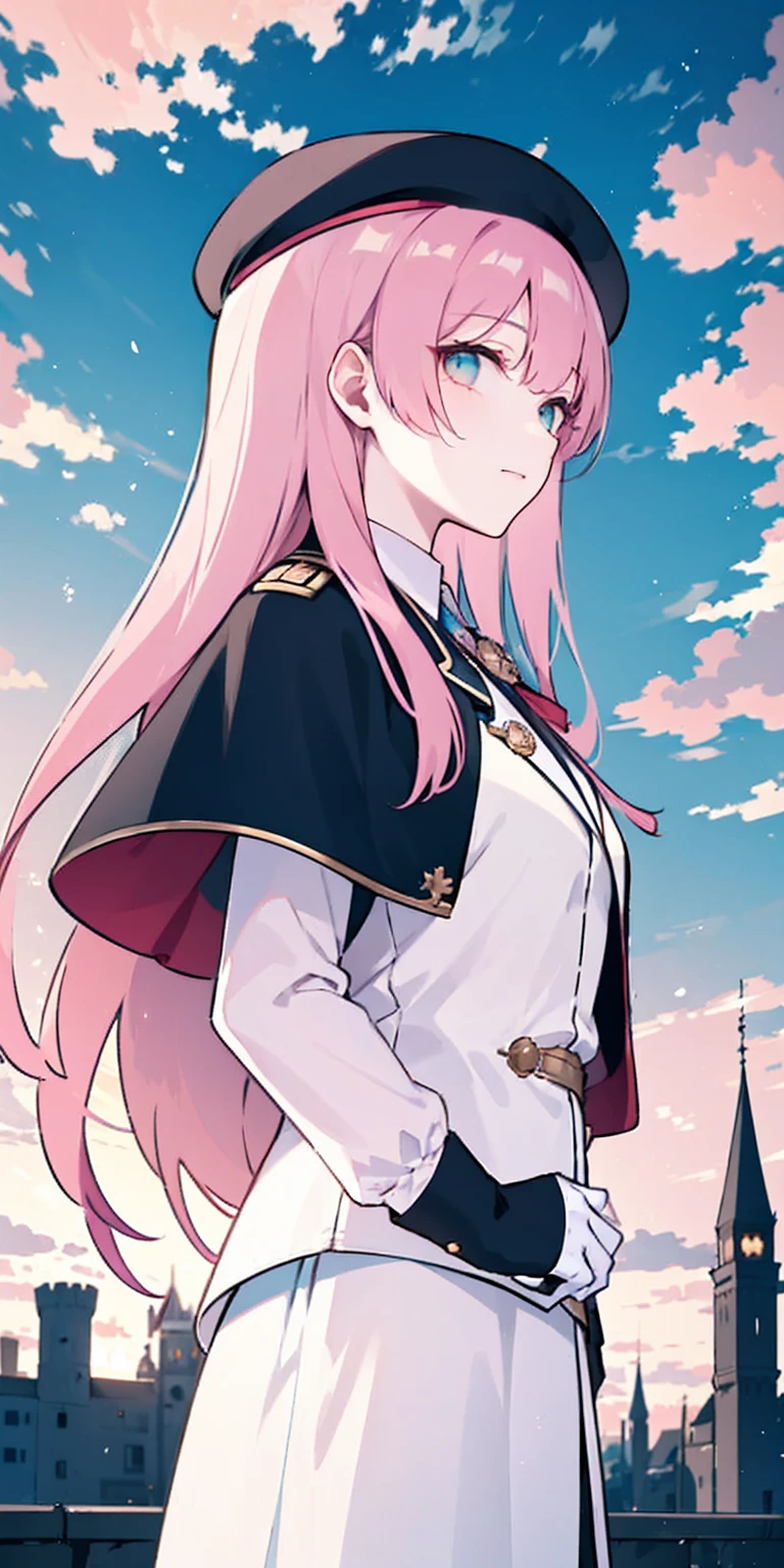 masterpiece, best quality, beret, pink capelet, pink tunic, white pants, brown gloves, upper body, sunset, gothic architecture, castle, clouds, looking at viewer, from side, shy,dark blue suit, skirt, shirt, badge on the chest