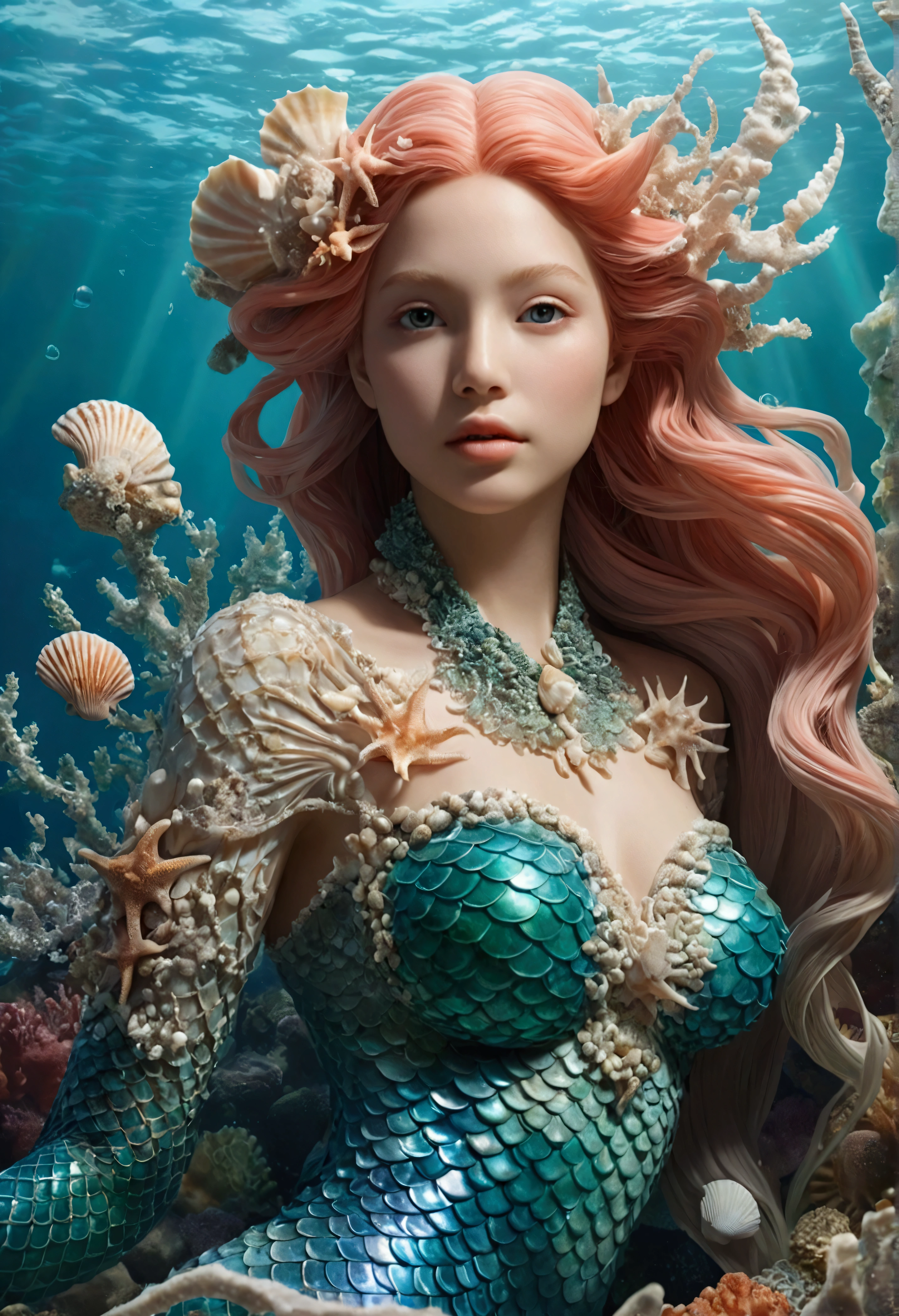 Creating a surreal piece of art with a mermaid as the main character: le: "Metaphysical Mermaid" specification: size: Full Figure, sharp, High resolution (High resolution). style: Surrealist, Sophisticated and detailed. background: 3d, Magnificent and fantastical sea elements are woven together. face: 人魚姫のfaceは完璧でなければならない, soft, Bright and delicate features. detailed: Complex, Detailed seashell accents, Coral, Algae and modified marine organisms. atmosphere: Make the image fantastic, Magical and inspiring, Capturing both the aquatic presence and the dreamlike dimension.