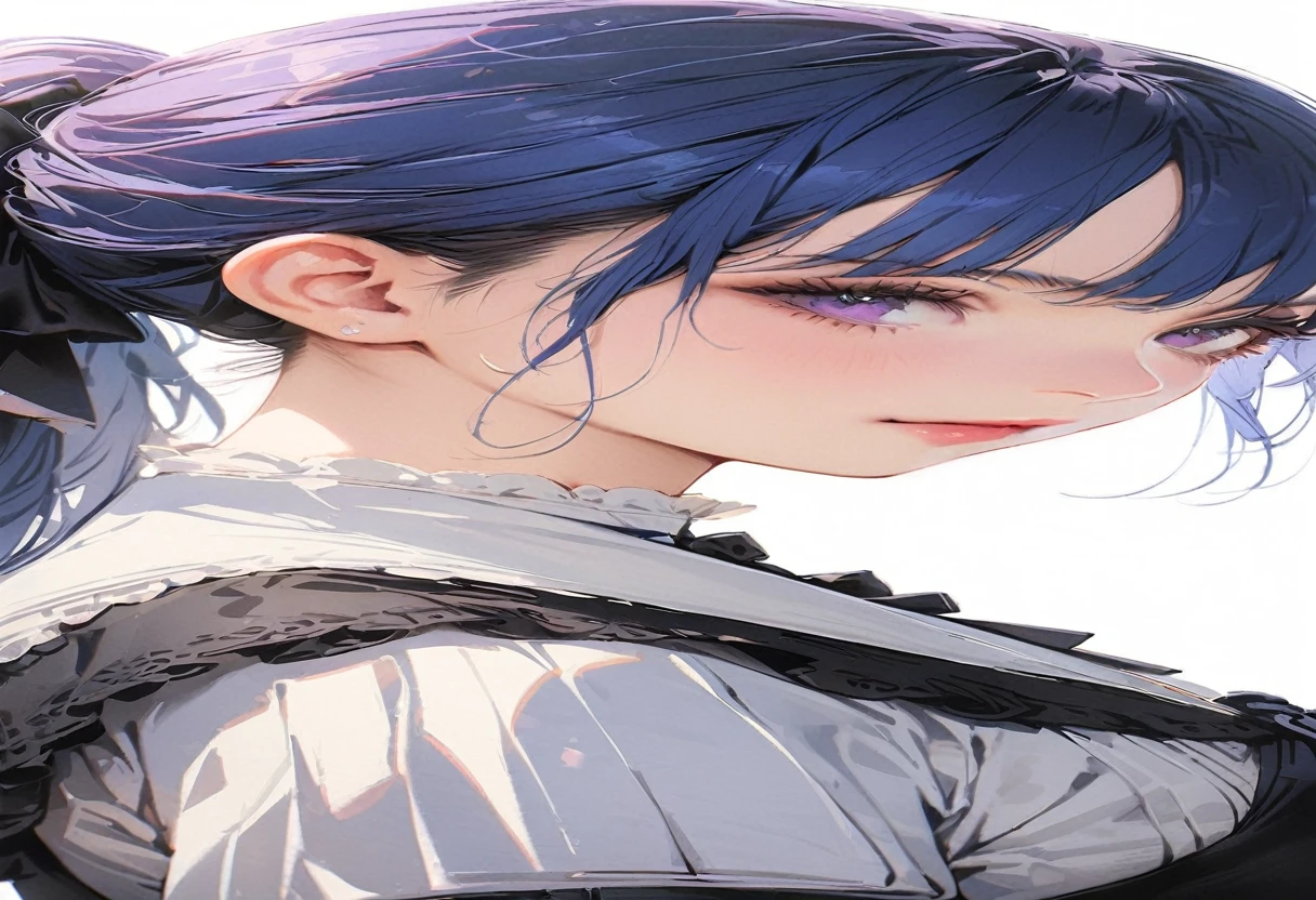 20 years old,1 mature woman,hyperrealistic, 8k, (extremely detailed 8k), (very delicate and beautiful), (masterpiece), (better quality:1.0), (ultra high resolution:1.0), (masterpiece, best quality),cute,blue hair,ponytail,upper body,white background,realistic skin,gothic lolita,model posing, expanding