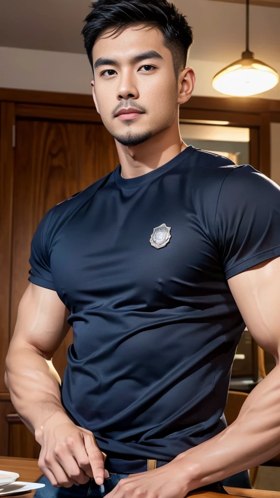 (Create a masterpiece:1.2),(CGI art:1.3),(realistic:1.5),(After processing:1.3),(Sharp focus:1.3),1 man ,(black hair) ,(Wear color navy round neck T-shirt), (with a Police badge:1.1),Navy blue jeans,Korean guy,korean men,(High gloss details),chest muscles,large arm muscles,blood vessel,Big muscles,Broad shoulders,looking at the audience,Balancing the eyes,(Lind has a dining table:1.3),