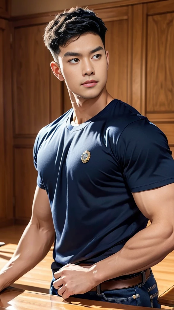 (Create a masterpiece:1.2),(CGI art:1.3),(realistic:1.5),(After processing:1.3),(Sharp focus:1.3),1 man ,(black hair) ,(Wear color navy round neck T-shirt), (with a Police badge:1.1),Navy blue jeans,Korean guy,korean men,(High gloss details),chest muscles,large arm muscles,blood vessel,Big muscles,Broad shoulders,looking at the audience,Balancing the eyes,(Lind has a dining table:1.3),