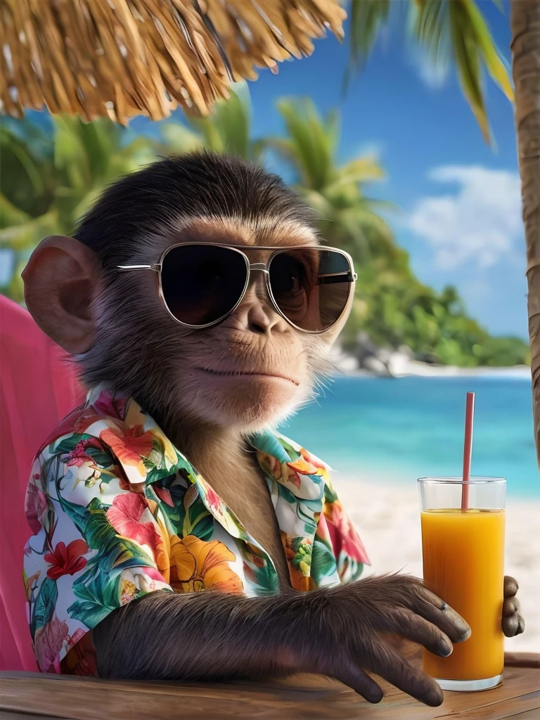 arafed monkey wearing sunglasses sitting at a table with a drink, monkey punch, ultra realistic picture, portrait shot, monkey, vacation photo, marmoset render, cool marketing photo, epic 3 d omolu, amazing wallpaper, monkey dressed as a scientist, monkey reading a book, bored ape nft, subject= chimp, vacation, cool looking, absolutely outstanding image