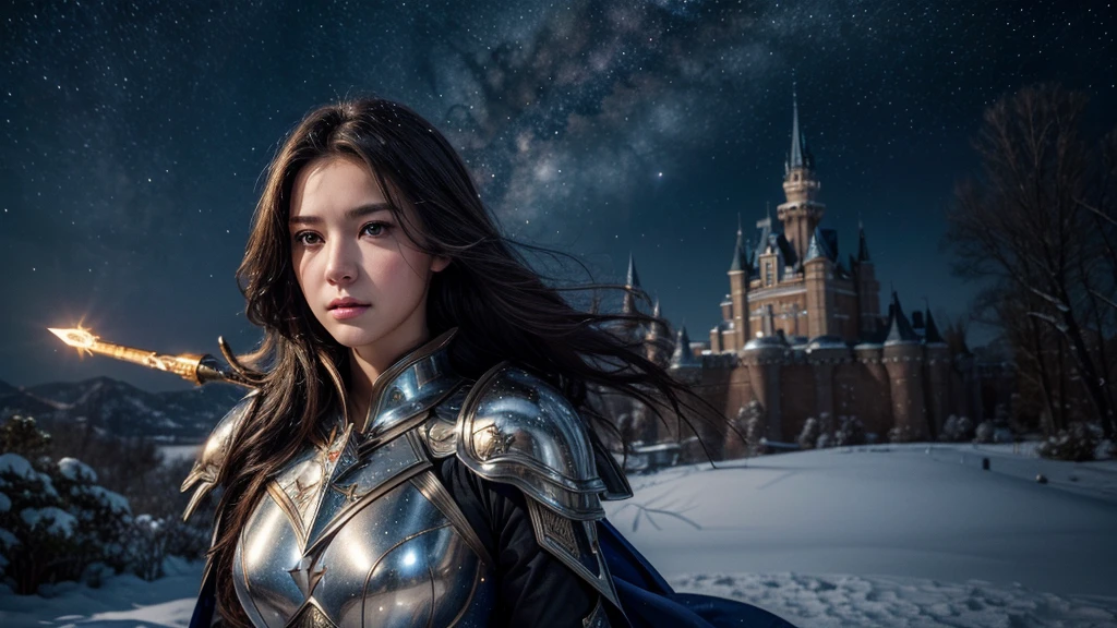 masterpiece, rest, best quality, Very detailed, Super real, 16K, high resolution, castle,snow, ((Starry Sky)),Female Mage,Gorgeous armor,Complex Mode,Pretty Face,Closed mouth,dramatic,Half-length photo,Glowing scepter
