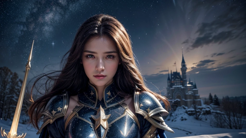 masterpiece, rest, best quality, Very detailed, Super real, 16K, high resolution, castle，snow, ((Starry Sky)),Female Mage，Gorgeous armor，Complex Mode，Pretty Face，Closed mouth，dramatic，Half-length photo，Glowing scepter