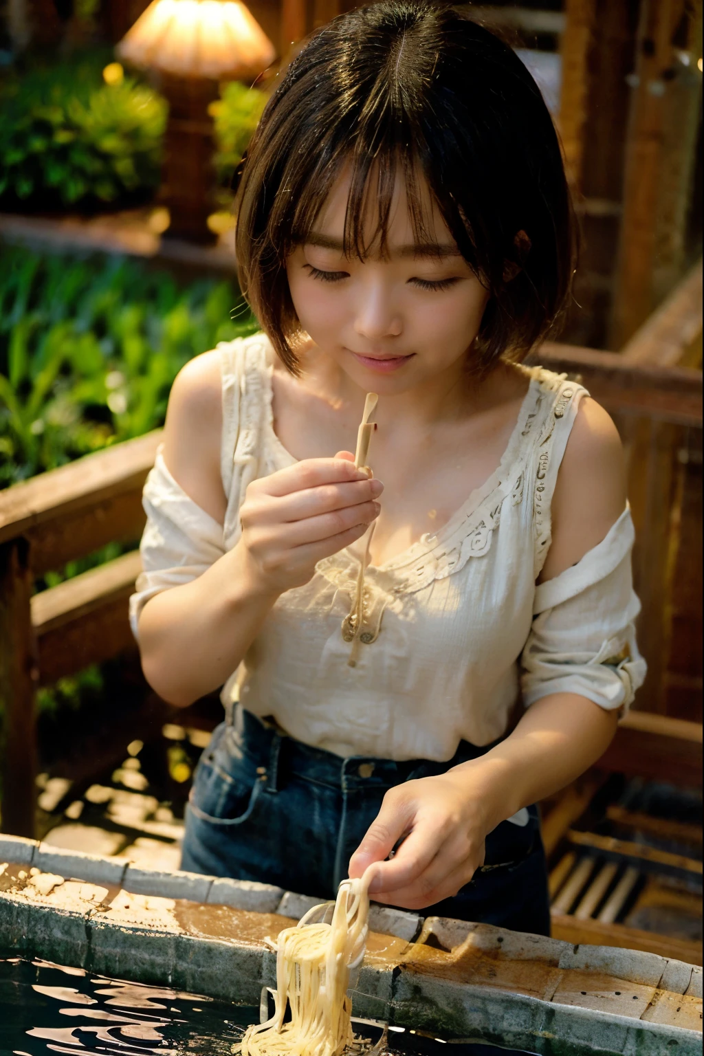 8K, RAW Photo, Best Quality, Masterpiece, Realistic, PhotoRealistic, Extremely Detailed 8K Wallpaper, Beautifully Detailed Eyes, Finely Detailed Face, 
 BREAK 
Professional Lighting, High-Key Lighting, 
 BREAK 
nagashi_soumen, A Lady is Playing Japanese Somen Noodles:1.4, (by Using Chopsticks), 
Japanese Somen Noodles are Flowing Down Slide with Running Water:1.6, 
Slide is Made of Bamboo, 
Thin Curl Noodles, 
Outside, Summer, 
 BREAK 
Perfectly Anatomically Correct:1.4, 5 Beautiful Finger:1.2, 
 BREAK 
1 Lady, Very Short Bob Cut:1.2, Japanese, Wide-Set Eyes, Very White Skinned, Blush, Embarrassed, (19-Year-Old), Pouted Cheek, Open Mouse Slightly, 
Brown Hair, Wet Hair, Messy Hair, (Light Smiling:1.4), cleavage, 
[Upturned Beautiful Spherical Ball Shape Buttocks, Medium ASS], 
Wearing Marc Jacobs Off Shoulder Top + Marc Jacobs Shorts, 
Looking Up Viewer, from Side, Dynamic Angle, 
 BREAK 
SFW:1.0, Non-Nipples:1.0, 
 BREAK 
Eye Focus, Bokeh:1.0