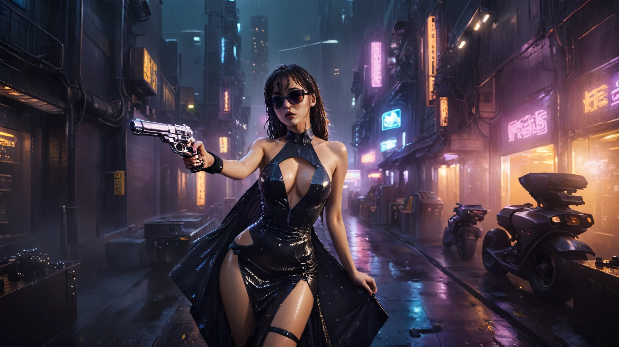 (((aerial view))), (flying cars docking platform), Blade Runner style futuristic city alley, neon lights, rainy night. (1girl, solo, alone), large-breast:1.2 slim body, cleavage:1.1, sexy wind blowing wet dress:1.4, headphone, (black sunglasses), (((she raised a pistol:1.8 and shot:1.8 the viewer))), dynamic pose, (((half-body thigh level medium shot))), cinematic lighting, lens flare, ray tracing, blurred:1.4 background.