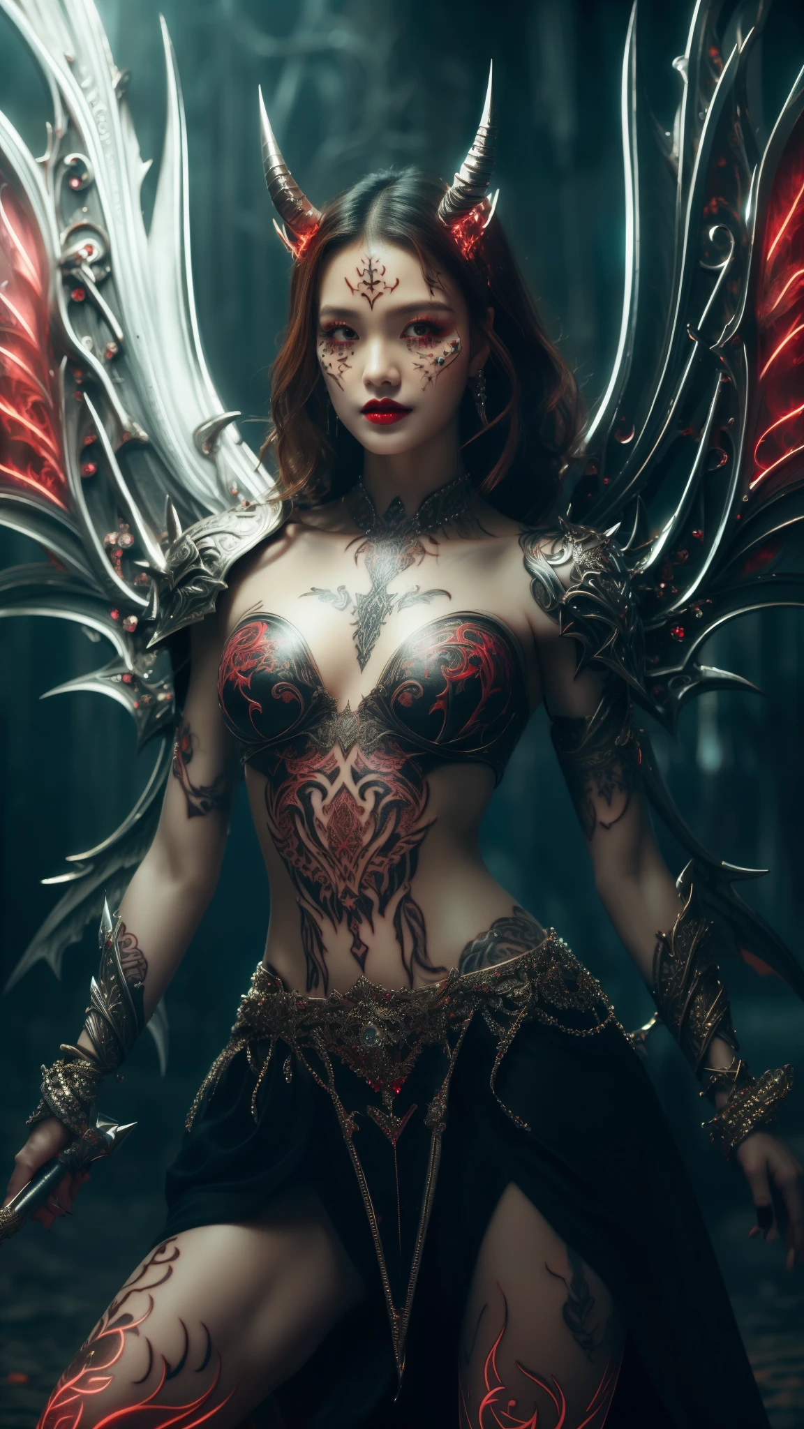 Cute Japanese female, (16 years old), (Very cute face: 1.3), Red lips, White moist skin, Melancholic expression,
BREAK,
(Beautiful belly button), (White skin),
BREAK,
Female superior ancient strigoi vampire, Horror, Angel wings, Black wings, Red jewelry, (Large wings: 1.4), Satan, (Hellfire:1.2),Full body,Demon,(Flame:1.2),(Rhinestones),(Horns growing from head),
BREAK,
(Medium hair),(Bangs:1.2),(Grey-red hair:1.3),(Wavy hair),(Outer color:1.4),
BREAK,
(Very large spear:1.4),(Holding spear:1.3),(Fighting:1.2),(Getting into a fighting stance),
BREAK,
(Facial tattoo:1.4),(Rhinestones on face:1.4),
BREAK,
Excellent, Perfect lighting, Ultra-high resolution, 8K, (Highly detailed:1.4), (Front view),Looking at camera,(Full body),(Geometric),(Symmetrical),
BREAK,
(Neon lights:1.2),
