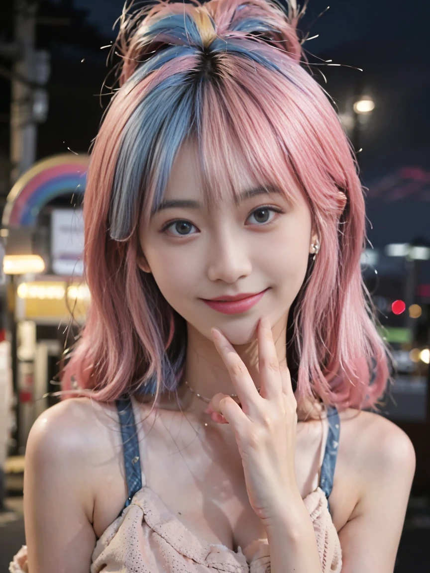 (masterpiece), (((best quality)), (Very detailed), 1 girl, (Rainbow Hair, Colorful hair, Half blue half pink hair: 1.2), , (yukexista: 1.2), outdoor, Bangs, Smile, Sky blue eyes, Perfect hands, Perfect hands, Hand details, Correction of fingers. earrings, Nightclub + background, Watching_exist_Viewer, Cowboy shooting, Top quality, Rich details, Perfect image quality,