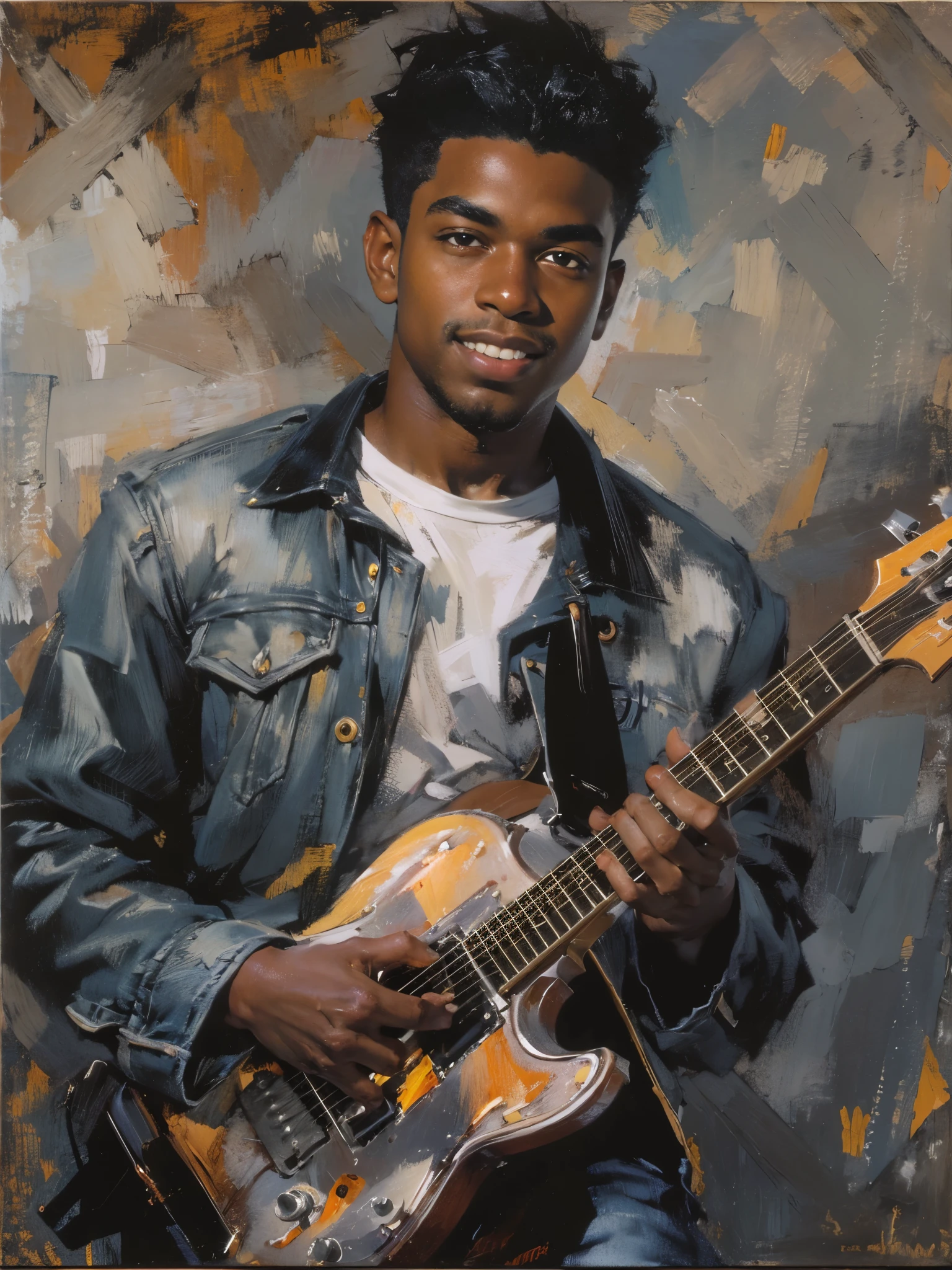 (dramatic illumination, dynamic angle, intense color contrast), (portrait of a young black man with black hair and brown eyes, wearing white graphic t-shirt, black jeans, black jean jacket), (cocky grin), (holding guitar), (musician), (fechin oil painting),
