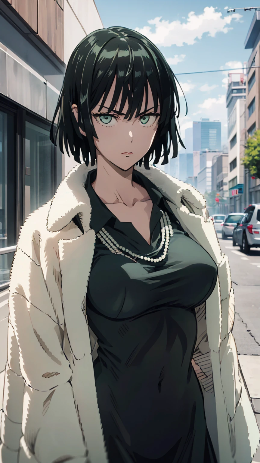 (((pixel-perfect, detail-perfect))), solo, 1girl, fubuki, fur coat, collared dress, collarbone, necklace, looking at viewer, closed mouth、破れた服、NSFW