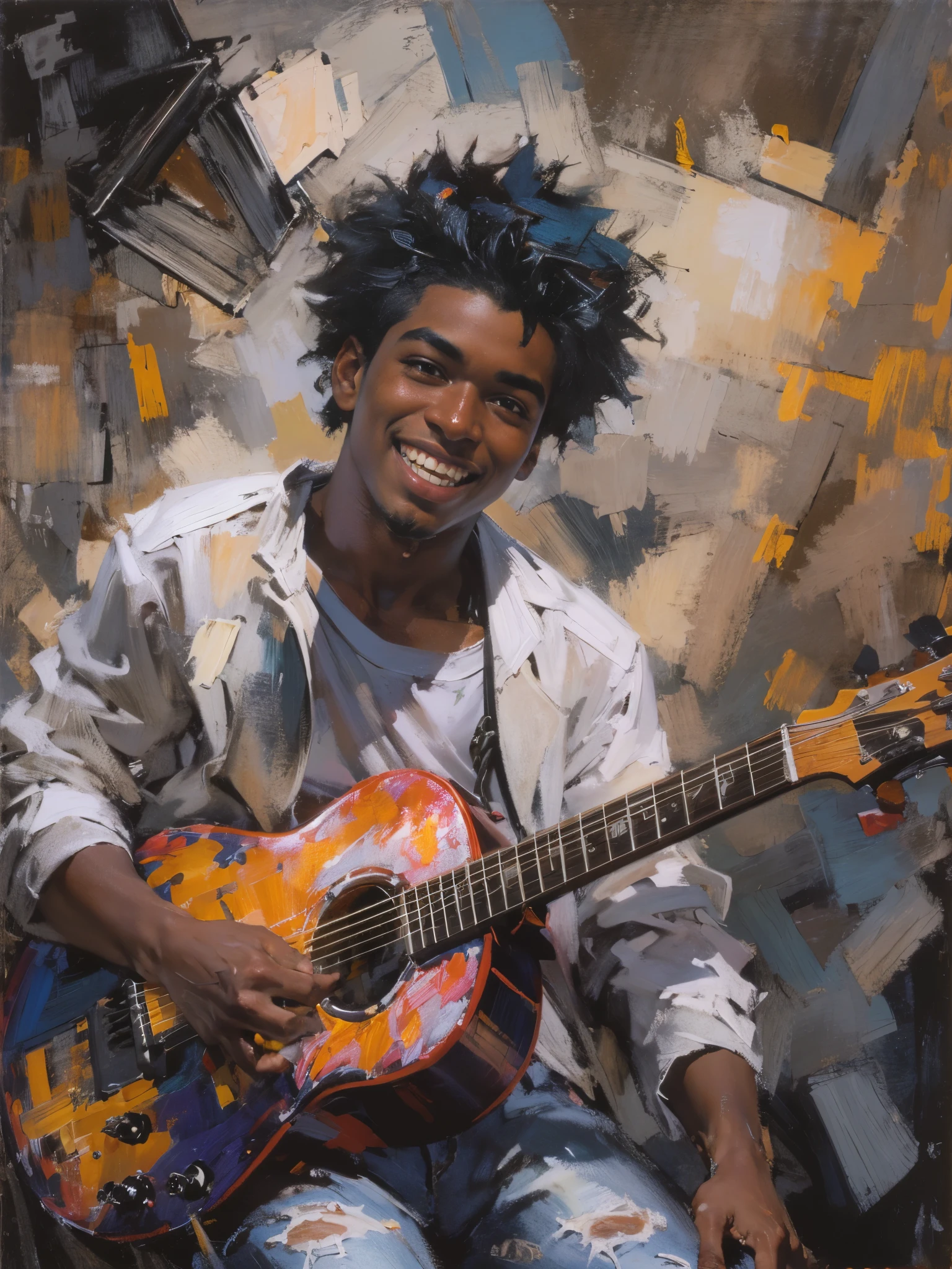 (dramatic illumination, dynamic angle, intense color contrast), (portrait of a young black man with black hair and brown eyes, wearing white graphic t-shirt, black jeans, black jean jacket), (cocky grin), (holding guitar), (musician), (fechin oil painting),