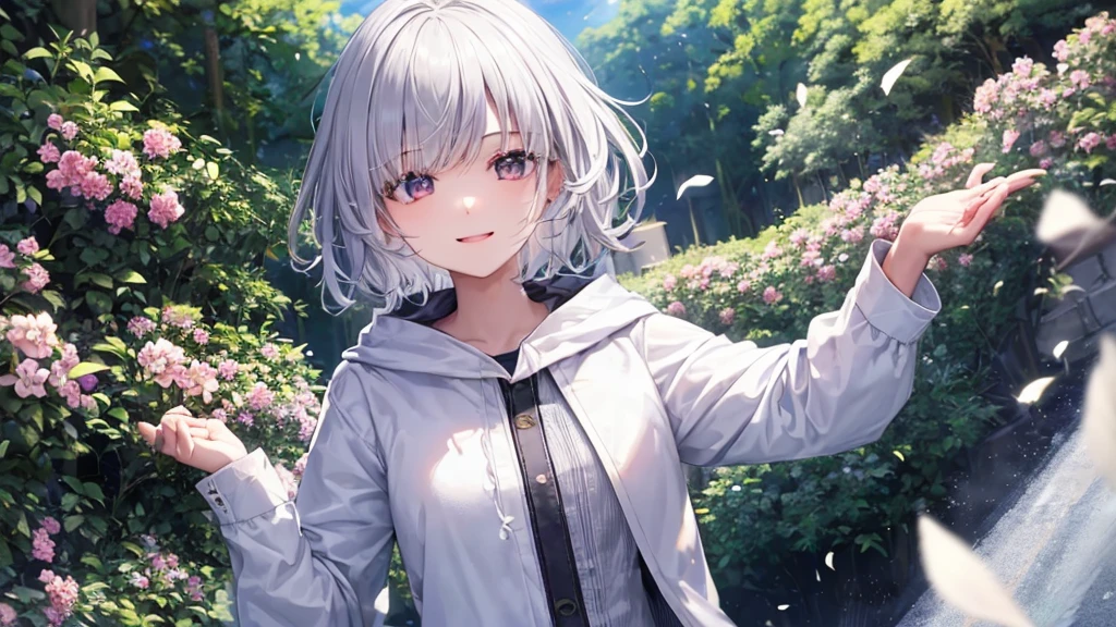 Ultra HD,Look at the viewers, Put your hands behind your back, With a girl, 20-year-old, 非常にShort Hair, Long bangs between the eyes, Pale blue eyes, Very detailed,(masterpiece、Highest quality),Gray Hair、Laughter、Fantastic, Silver Hair, Iris, Short hair、 Fluttering Hair、Small Face、明るいsmile、(Detailed face) ,Professional Lighting,Wonderful landscape,blue sky, sunlight,Looking down from above,Portraiture、Open your mouth、Flower Field、Her eyes were shining、Mysterious and enchanting atmosphere。With AI Painting、とてもShort Hair, Long bangs between the eyes, Very detailed,(masterpiece、Highest quality)、alone、Gray Hair、Fantasy, Silver Hair, Fantasyな風景、smile、Open your mouth、short hair、Short Hair、hairpin、black eye、Grey Eyes、Beautiful Eyes、Black Shirt、White hoodie