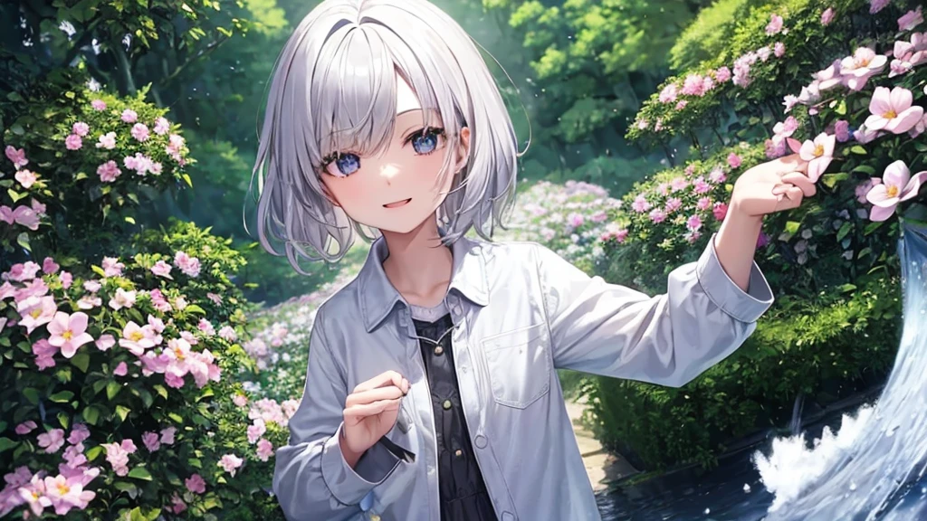 Ultra HD,Look at the viewers, Put your hands behind your back, With a girl, 20-year-old, 非常にShort Hair, Long bangs between the eyes, Pale blue eyes, Very detailed,(masterpiece、Highest quality),Gray Hair、Laughter、Fantastic, Silver Hair, Iris, Short hair、 Fluttering Hair、Small Face、明るいsmile、(Detailed face) ,Professional Lighting,Wonderful landscape,blue sky, sunlight,Looking down from above,Portraiture、Open your mouth、Flower Field、Her eyes were shining、Mysterious and enchanting atmosphere。With AI Painting、とてもShort Hair, Long bangs between the eyes, Very detailed,(masterpiece、Highest quality)、alone、Gray Hair、Fantasy, Silver Hair, Fantasyな風景、smile、Open your mouth、short hair、Short Hair、hairpin、black eye、Grey Eyes、Beautiful Eyes、Black Shirt、White hoodie