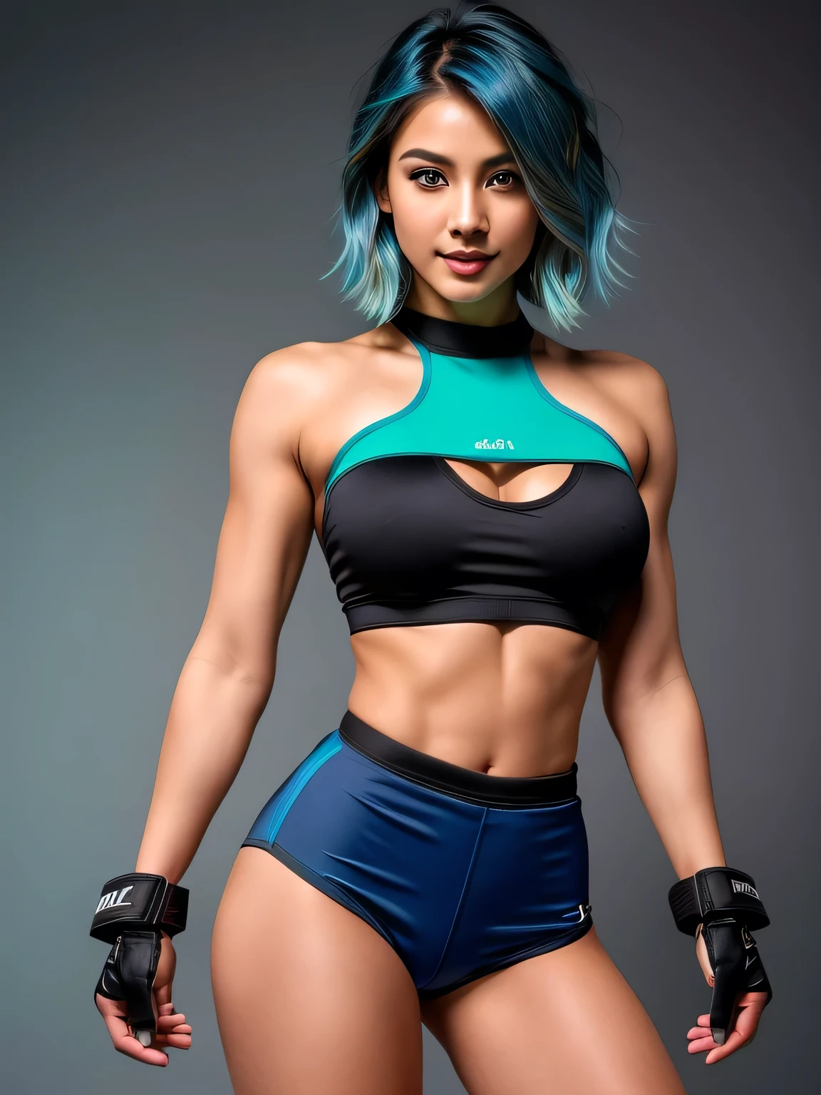 (blue hair:1.4), short hair, realistic green eyes, cobalt hair, long bob hair, tousled hair, shoulder length hair, Full body, woman with white skin and Asian features, 24 year old, big breast. She has a small, elegant nose with a slight upward curve at the tip. Her lips are full and naturally pink, with a well-defined Cupid's bow. Her teeth are straight and white, enhancing her captivating smile. Her face has an oval shape with high cheekbones that add to her model-like appearance. highly detailed glowing eyes, specular light, extreme quality, crystal clear, cute face, detailed skin pores, oil Dark skin, brown, complex eye details, 8K, (wearing MMA gloves:1.3), (MMA pose:1.2), (background inside light, bright, (lascivious stare:1.2), fitness model body, full body shot, (big toned thighs:1.2), wide angle shot, low angle shot, infinity background, red background, wearing (tube top:1.3), (tube top:1.3), bare midriff, (Tight Women's Fight Shorts:1.3), cowboy shot, (short hair:1.2), (short hair:1.3), (short hair:1)