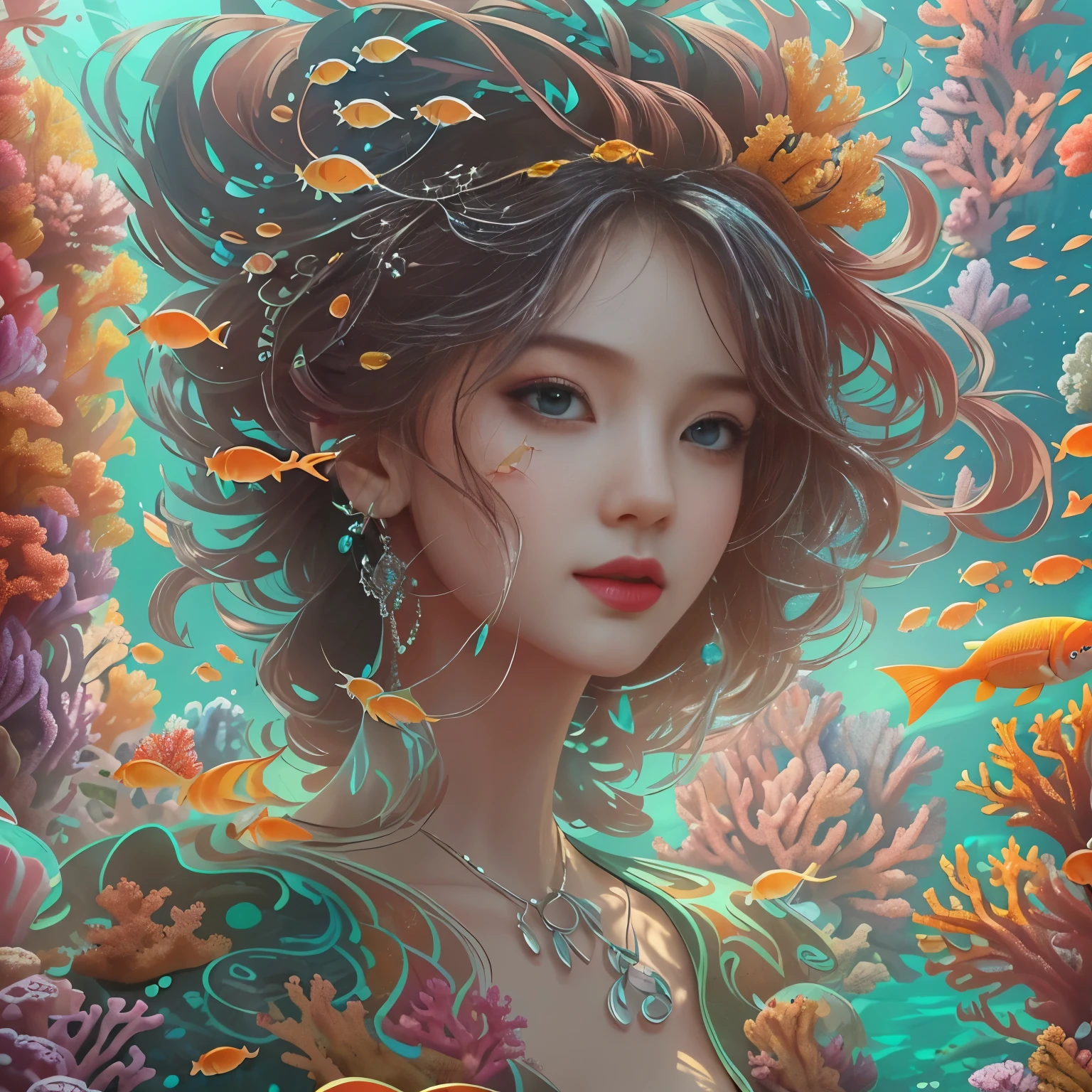Model shooting style, (Highly detailed CG Unity 8k wallpaper), A chaotic storm of complex liquid smoke in my head, Stylized abstract portrait of a beautiful girl, Wet skin,Require,美しいcarp,carpの群れ,carp,Strangely shaped corals,seabed,Beautiful coral reef in the background,Rochas,Life at sea,Colorful coral reefs,Decorate with coral reefs,author:Petros Afshar, Ross Tran, Tom Whalen, Peter Mohrbacher, ArtJam, Broken glass, ((Bubbling underwater landscape)) Radiant Octane Rendering is Highly Detailed, Inspired by Yanjun Chen, Beautiful digital art, Guviz style artwork, Highly detailed digital art in 8K, Beautiful digital illustrations, Cute and detailed digital art, Amazing digital illustrations, Beautiful artwork illustration, Exquisite digital illustrations,8K detailed digital art,