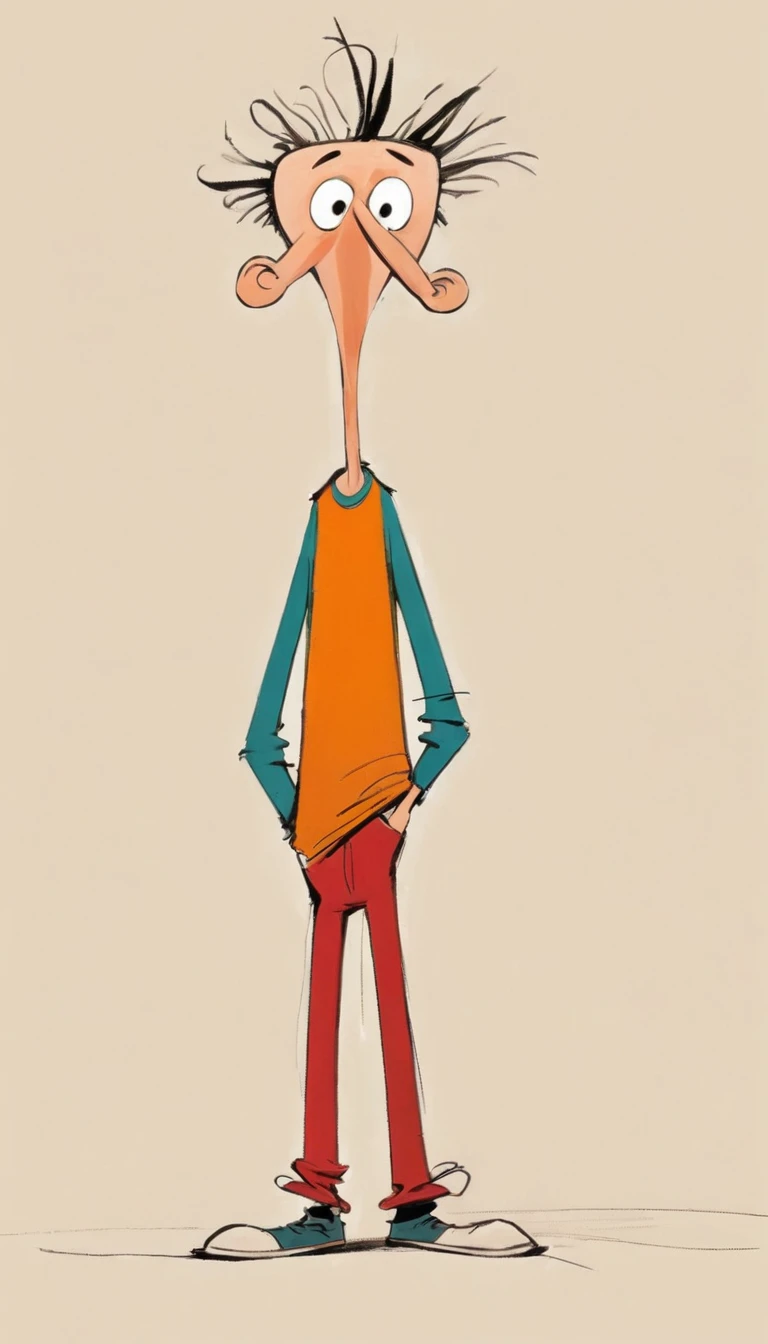 (((Exaggerated digital character sketches:1.37,Matchstick Men))).(boy,Three hairs,(Exaggerated expression,Big nose)),(Black sketch lines,Loose brushstrokes create the outline,Cartoon Style. Bright colors and simplified lines, sketch)。(Exaggerated body movements,),(Large area of blank)