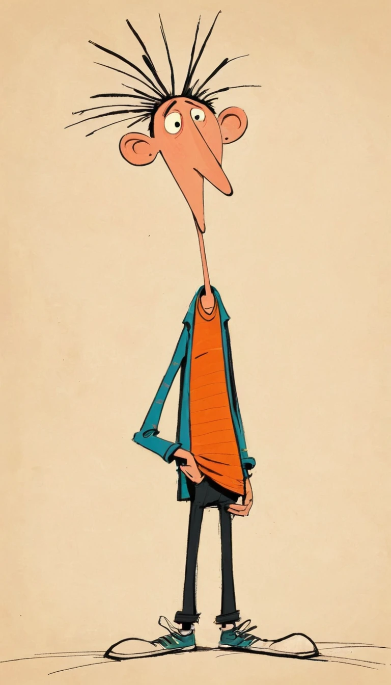 (((Exaggerated digital character sketches:1.37,Matchstick Men))).(boy,Three hairs,(Exaggerated expression,Big nose)),(Black sketch lines,Loose brushstrokes create the outline,Cartoon Style. Bright colors and simplified lines, sketch)。(Exaggerated body movements,),(Large area of blank)