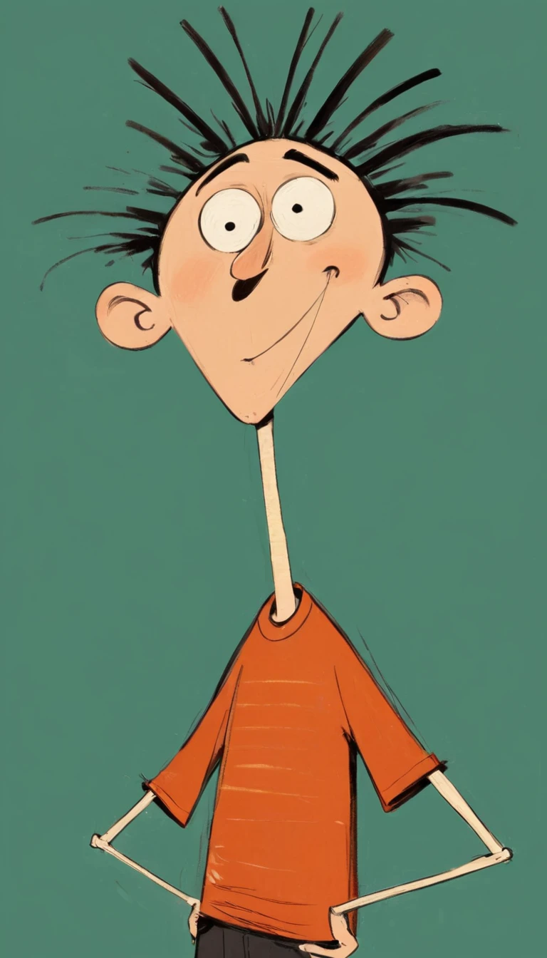 (((Exaggerated digital character sketches:1.37,Matchstick Men))).(boy,Three hairs,(Exaggerated expression,Big nose)),(Black sketch lines,Loose brushstrokes create the outline,Cartoon Style. Bright colors and simplified lines, sketch)。(Exaggerated body movements,),(Large area of blank)