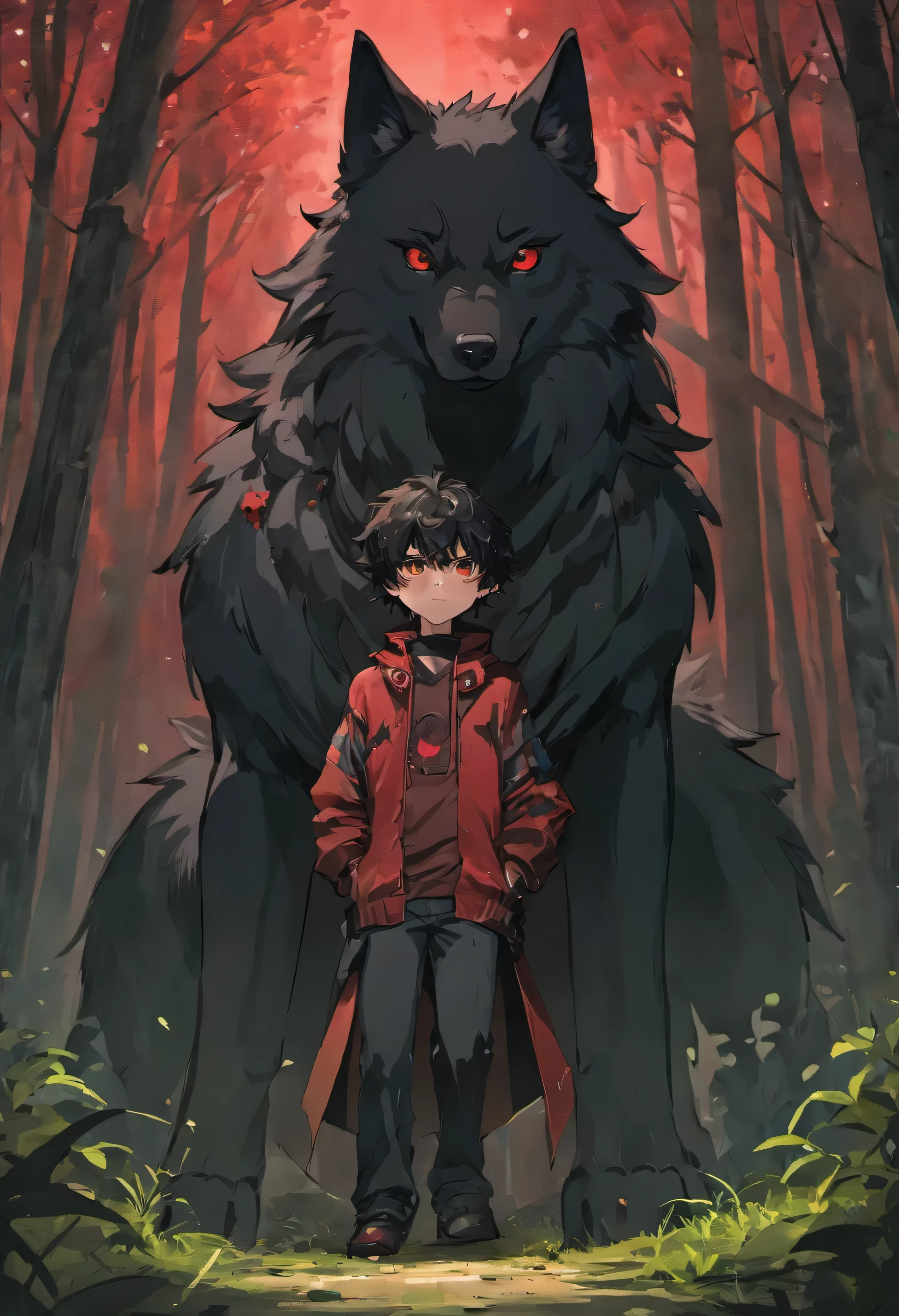 A very large black wolf and a young teenage small man with black curly hair and blood red eyes wearing a black outfit with white details in a forest