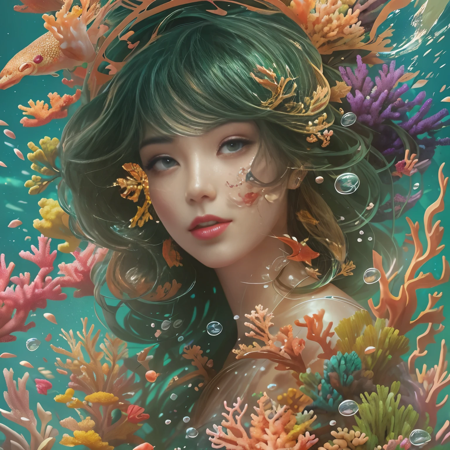 Model shooting style, (Highly detailed CG Unity 8k wallpaper), A chaotic storm of complex liquid smoke in my head, Stylized abstract portrait of a beautiful girl, Wet skin,Require,美しいcarp,carpの群れ,carp,Strangely shaped corals,seabed,Beautiful coral reef in the background,Rochas,Life at sea,Colorful coral reefs,Decorate with coral reefs,author:Petros Afshar, Ross Tran, Tom Whalen, Peter Mohrbacher, ArtJam, Broken glass, ((Bubbling underwater landscape)) Radiant Octane Rendering is Highly Detailed, Inspired by Yanjun Chen, Beautiful digital art, Guviz style artwork, Highly detailed digital art in 8K, Beautiful digital illustrations, Cute and detailed digital art, Amazing digital illustrations, Beautiful artwork illustration, Exquisite digital illustrations,8K detailed digital art,