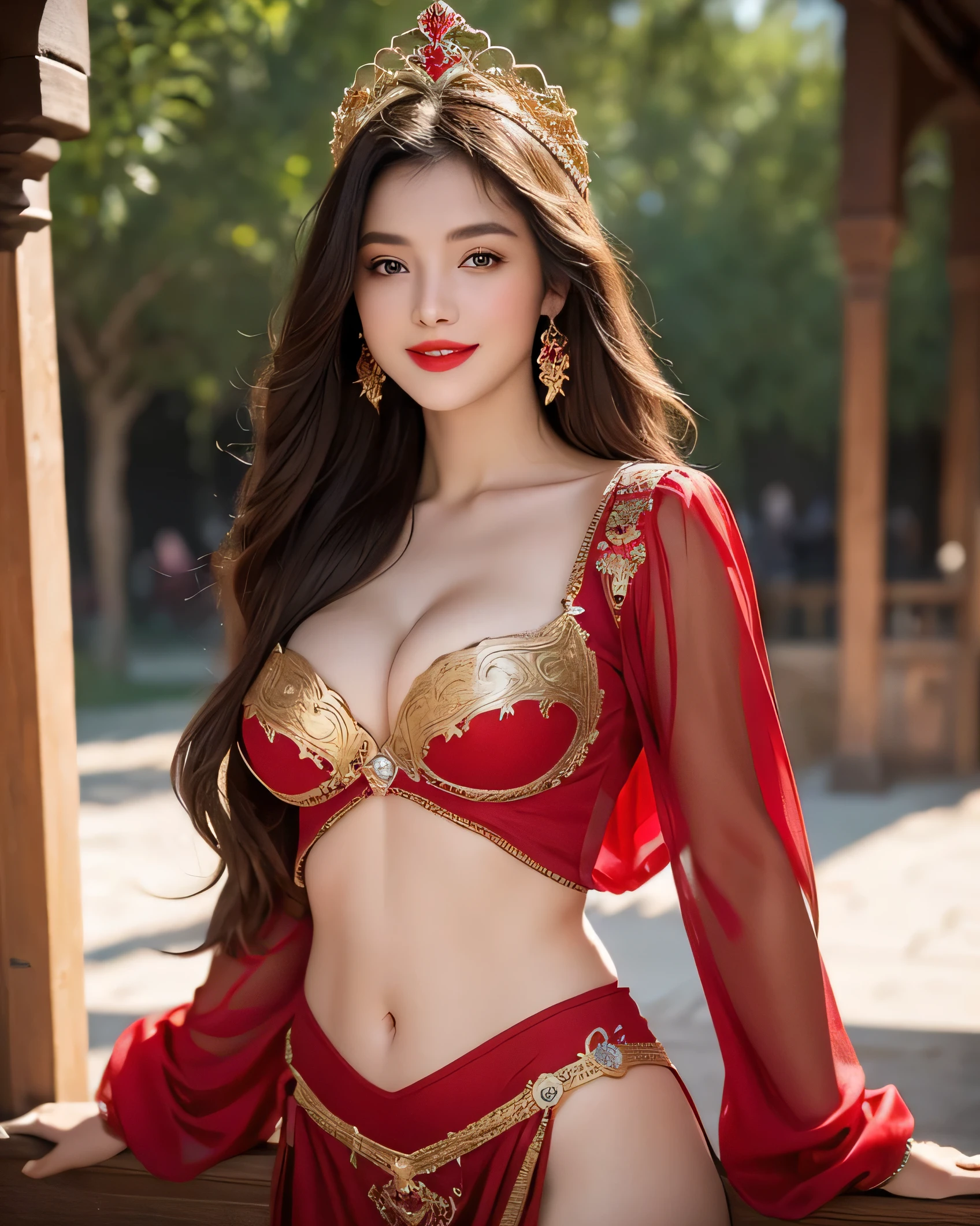 Ultra HD resolution,artistic photos,Professional erotic Photography,((21 year very sexy girls, long brunette messy hair, big breasts:1.2, cold ultra realistic skin, both wearing a very sexy renaissance medieval Arabic Princess golden red costume, at a renaissance fair)), exposed cleavage & navel, ((both posing like a super-models )), at a renaissance fair in Florida, smiling at viewer, captivating eyes, natural red lips, attention to detail.