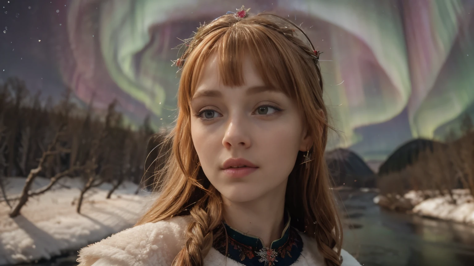 Henessy, original, (masterpiece), (extremely fine and beautiful), (perfect details), (unity CG 8K wallpaper:1.05), (frozen river , Northern Lights, background:1.25), (depth of field:0.7),1girl, red head, russian young women 18 years old, long white dress, hair blowing with the wind:1.1), snowflakes tiara ornamented, closeup of face, (moon light:0.6), night (winter), (night:1.2), (upper body), big eyelashes, red iris, better hands