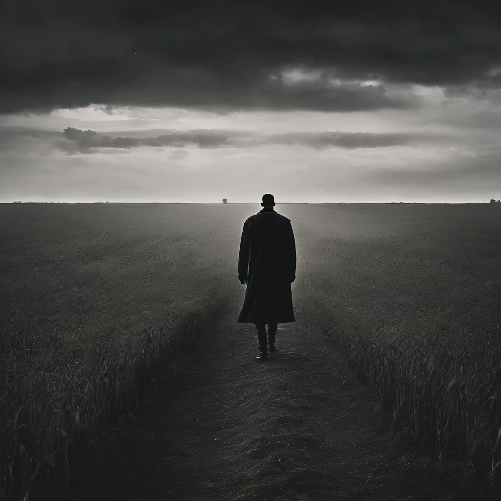 A big man in a trench coat in a stormy field