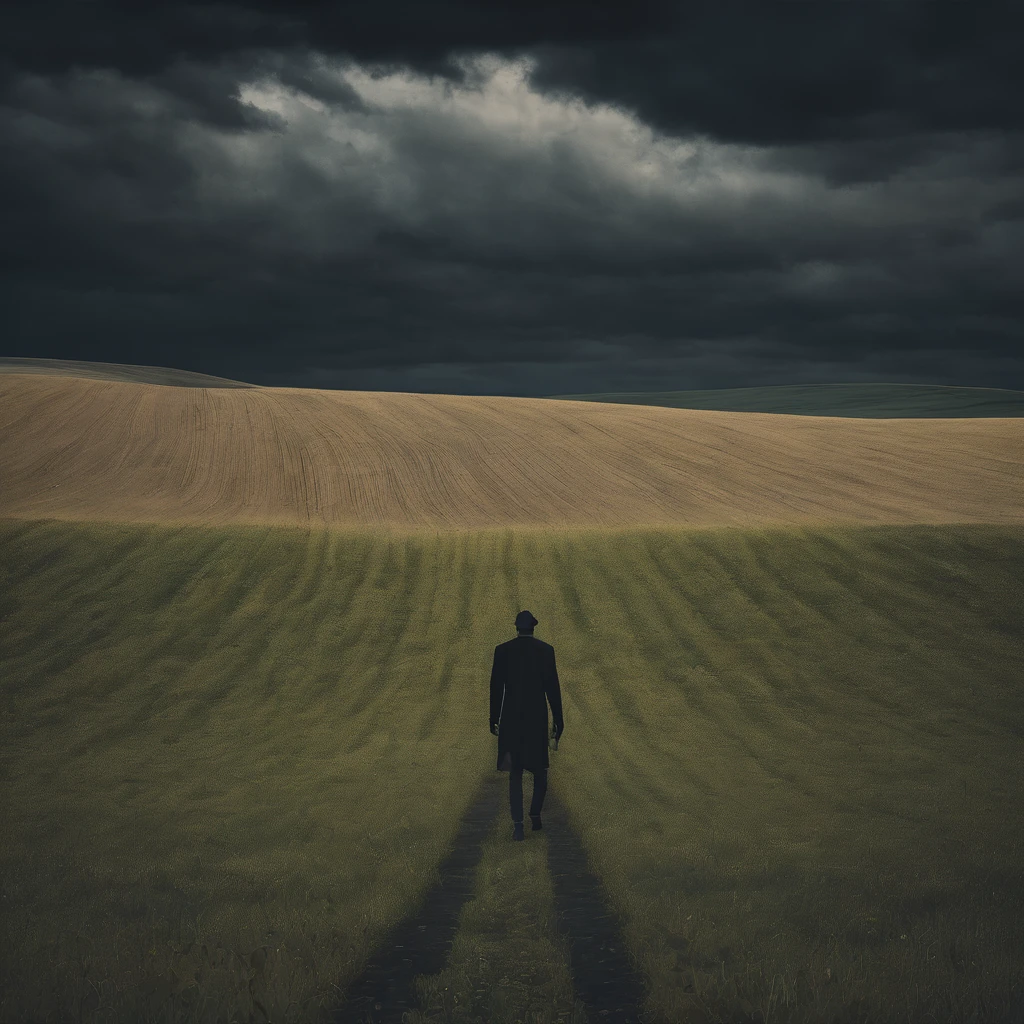 Mixed emotions in a vast field dark man walking alone