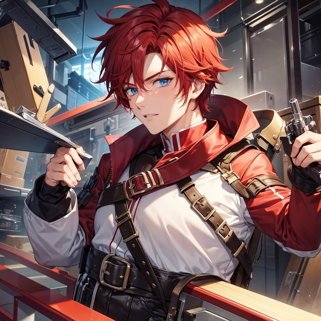 Male, 23 years old, 183cm, good-looking, messy red hair, blue eyes, manly, inventor, goggles