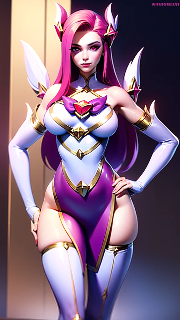 ((best qualityer)), ((work of art)), (detailded), ((best quality)), ((Artwork)), (detailded), 1 girl, ombro to ombro sweater, photorrealistic, high resolution, 1 women, mature woman, standing alone, hips up,purples eyes, cuddly, Star Guardian (League of Legends), pink  hair, mitts, long hair, thick-thighs, overskirt, elbow mitts, hand on hip, bare shoulders, standing alone, wings, white mitts, breast out, pink eyes, bangss, magie, hair ornament